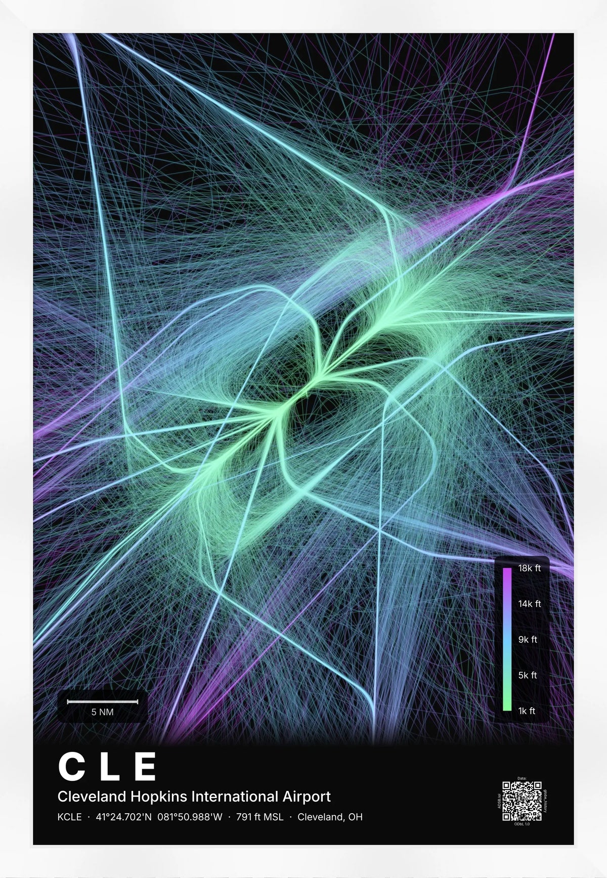 CLE flight path print — Prism theme · Dark [material:framed_white]