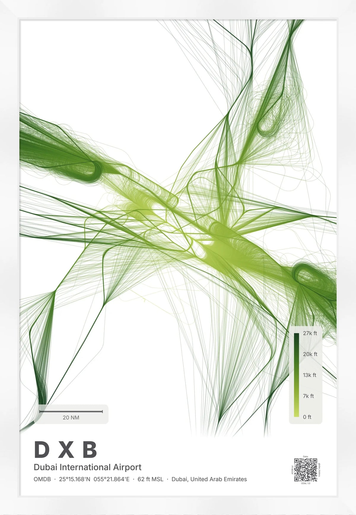 DXB flight path print — Citrus theme · Light [material:framed_white]