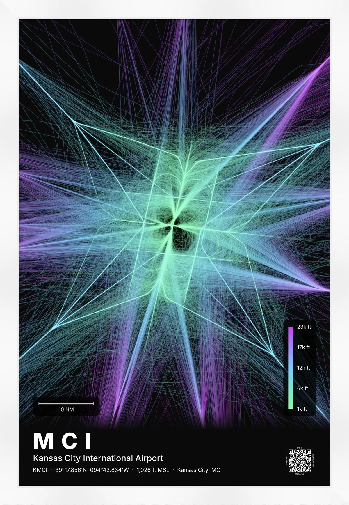 MCI flight path print — Prism theme · Dark [material:framed_white]