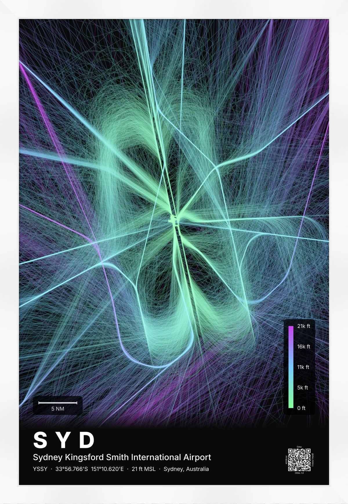 SYD flight path map — Prism theme · Dark [material:framed_white]