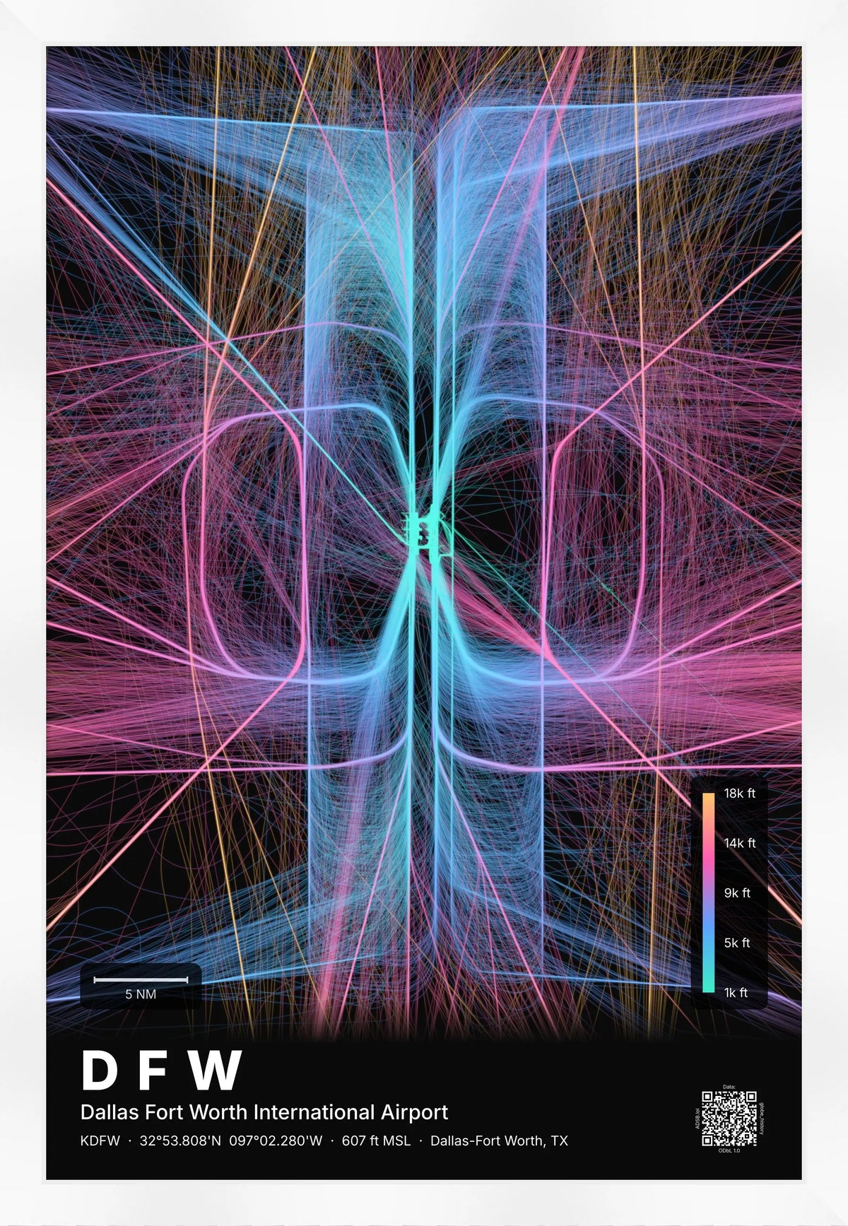 DFW flight path map — Aurora theme · Dark [material:framed_white]