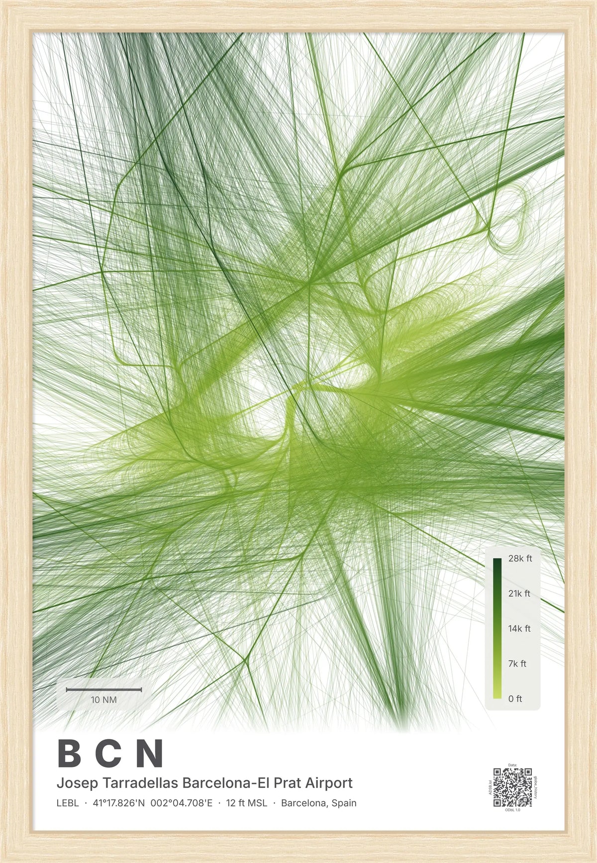 BCN flight path map — Citrus theme · Light [material:framed_natural]