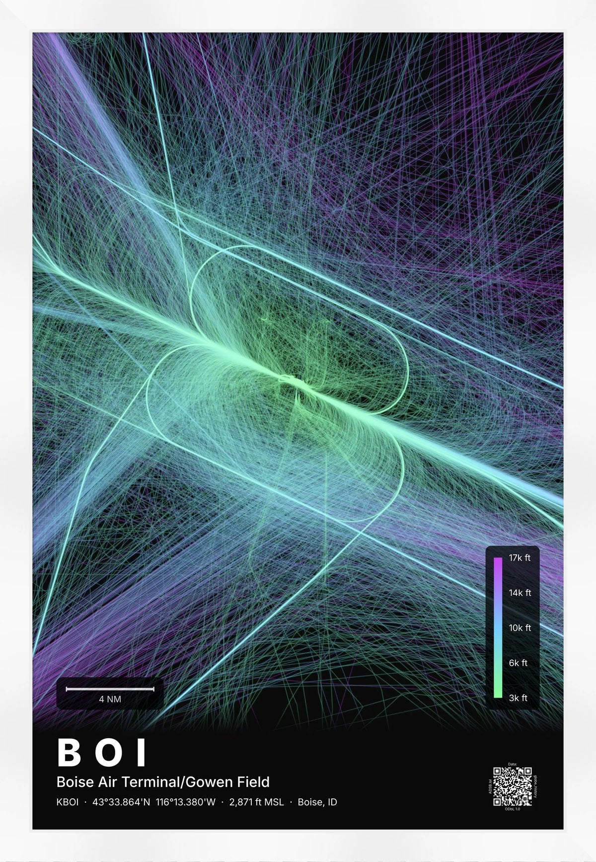 BOI flight path print — Prism theme · Dark [material:framed_white]