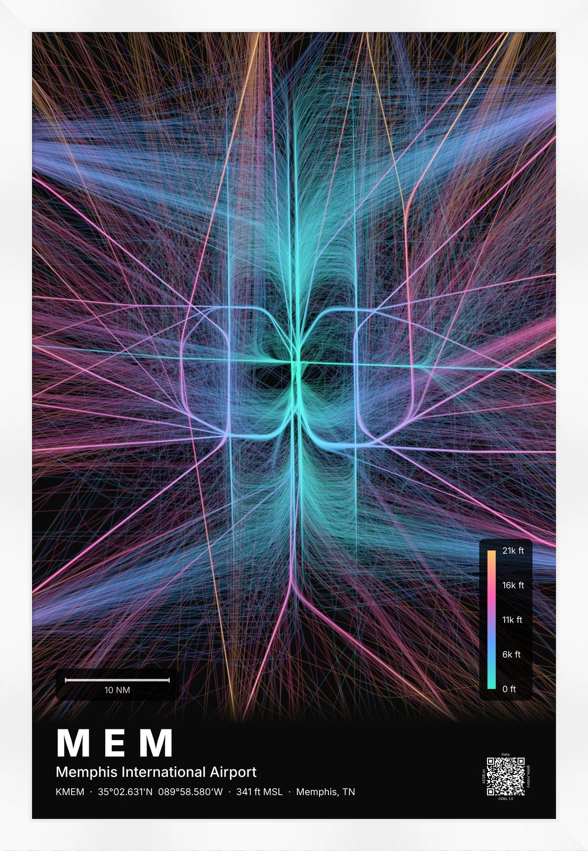MEM flight path print — Aurora theme · Dark [material:framed_white]