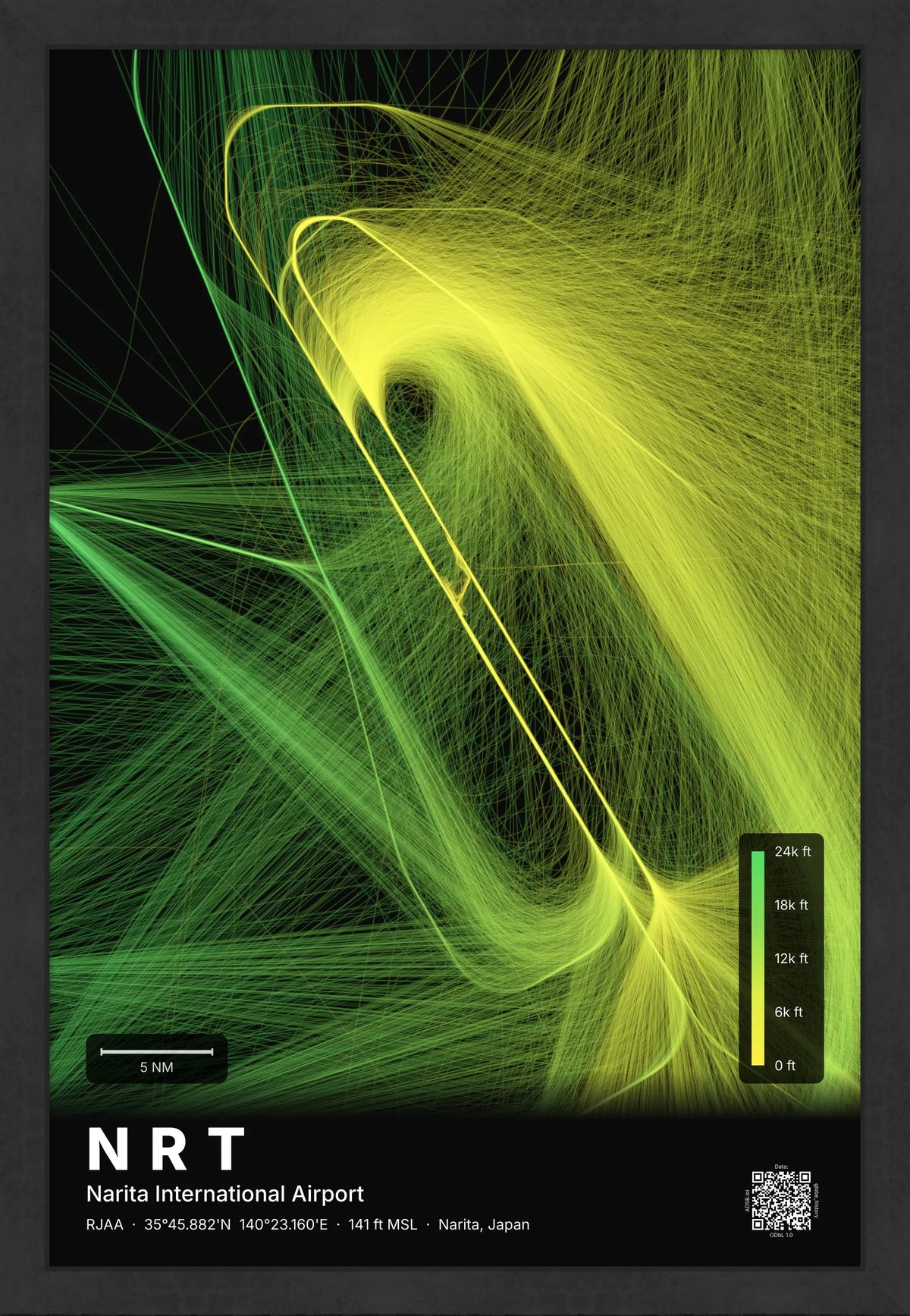 NRT flight path map — Citrus theme · Dark [material:framed_black]
