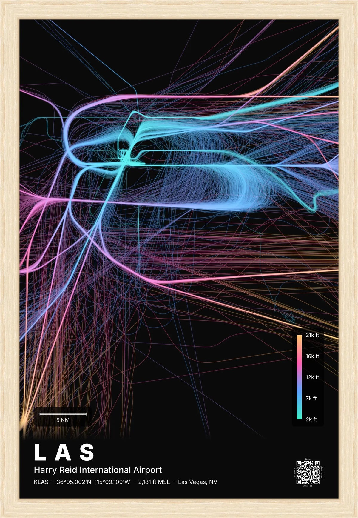 LAS flight path print — Aurora theme · Dark [material:framed_natural]