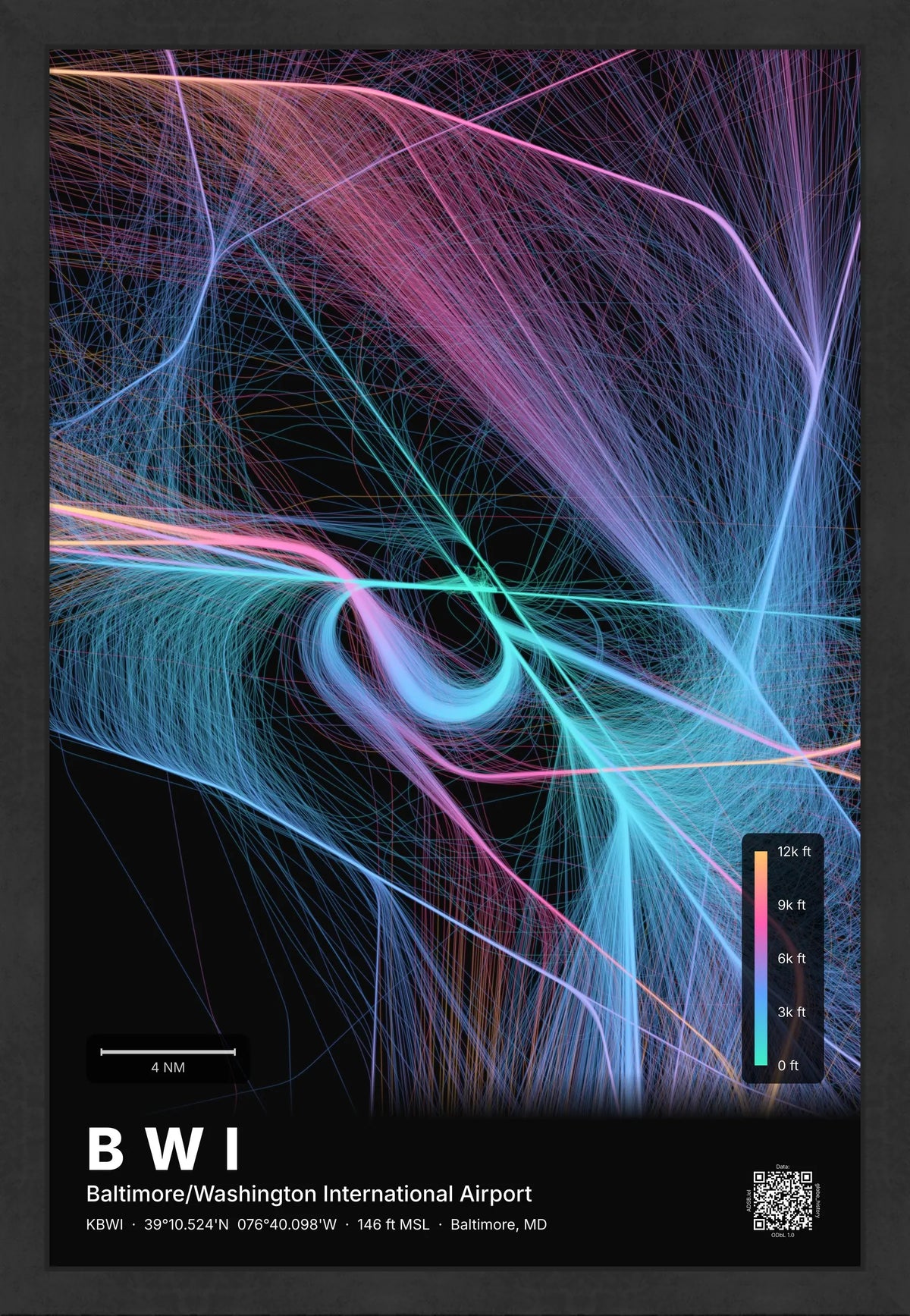BWI flight path print — Aurora theme · Dark [material:framed_black]