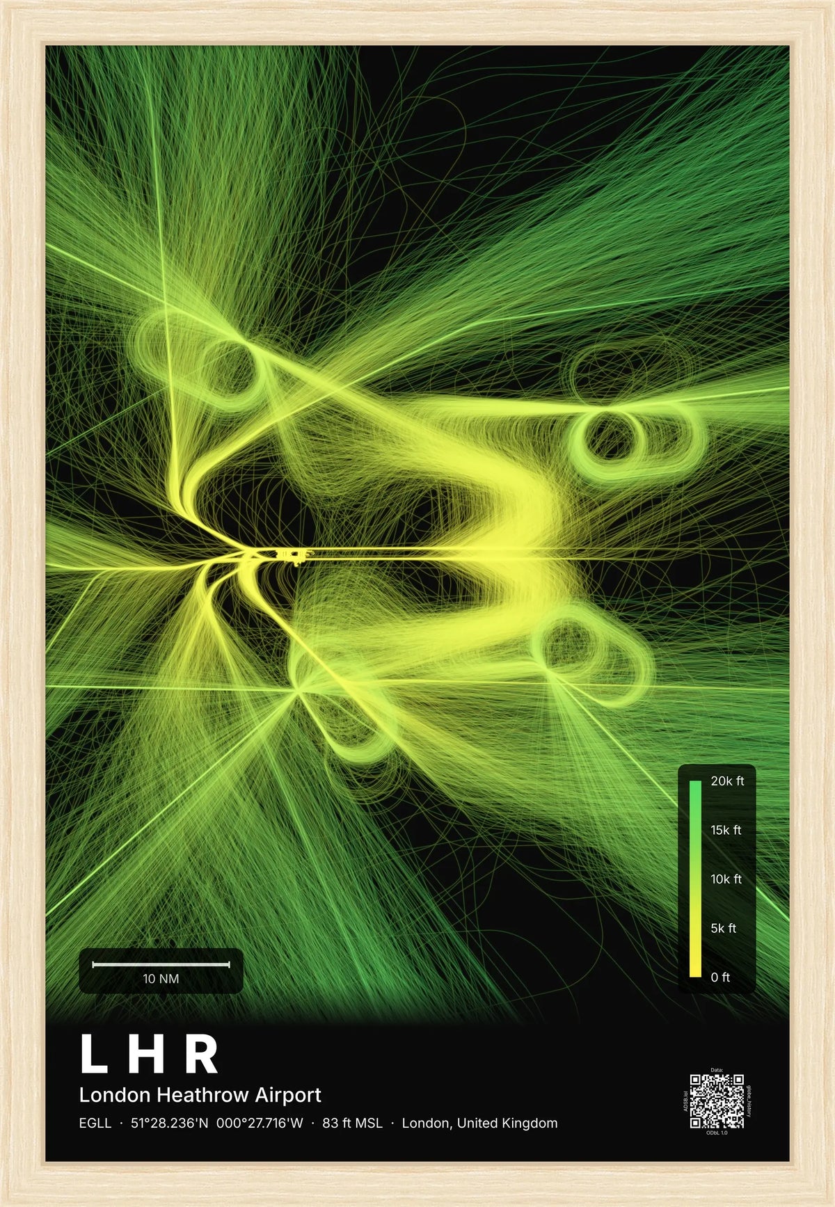 LHR flight path map — Citrus theme · Dark [material:framed_natural]