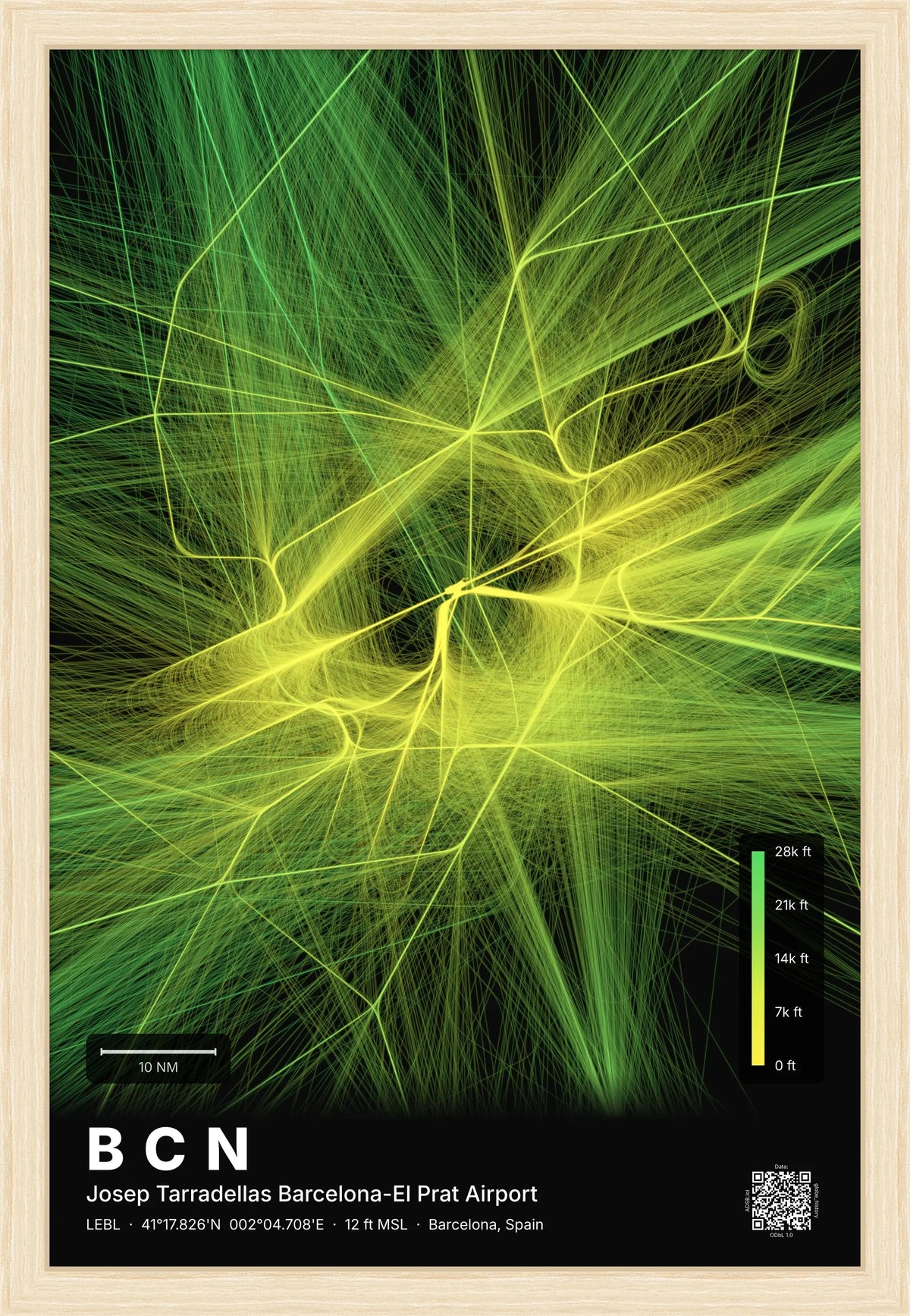 BCN flight path map — Citrus theme · Dark [material:framed_natural]