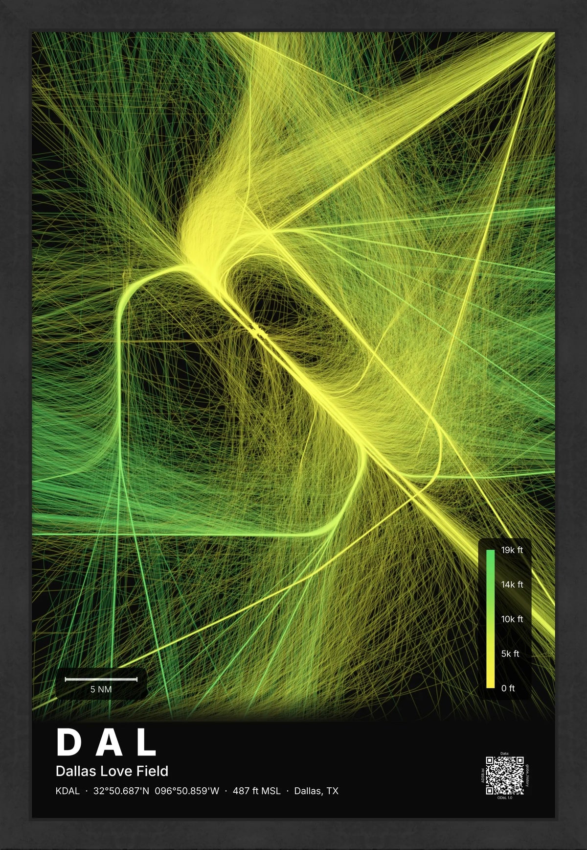 DAL flight path print — Citrus theme · Dark [material:framed_black]