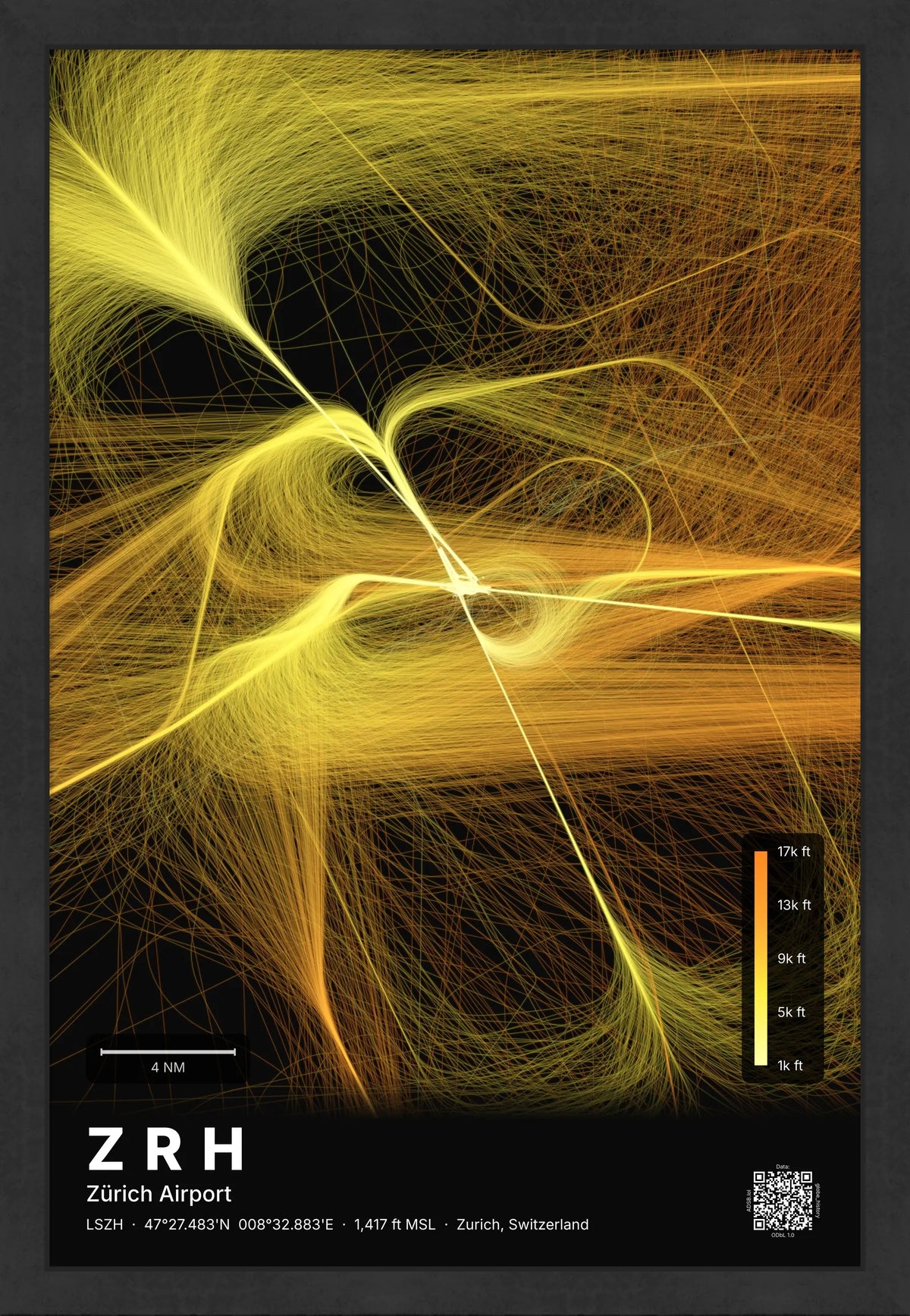 ZRH flight path map — Solana theme · Dark [material:framed_black]
