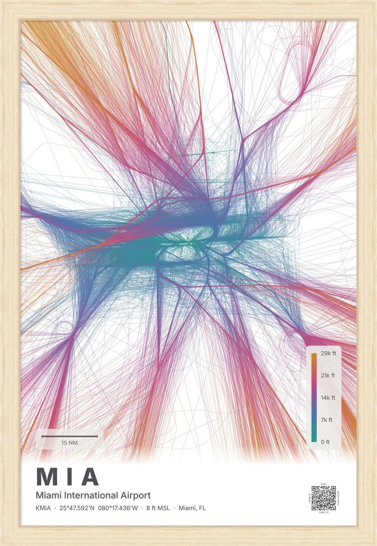 MIA flight path print — Aurora theme · Light [material:framed_natural]