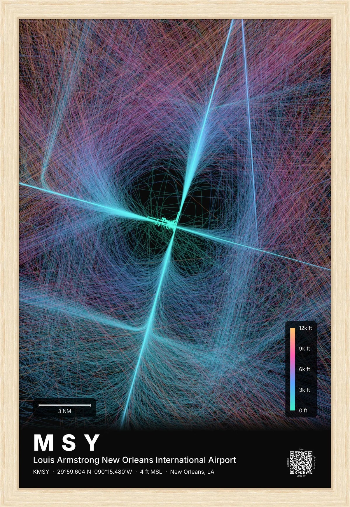 MSY flight path print — Aurora theme · Dark [material:framed_natural]