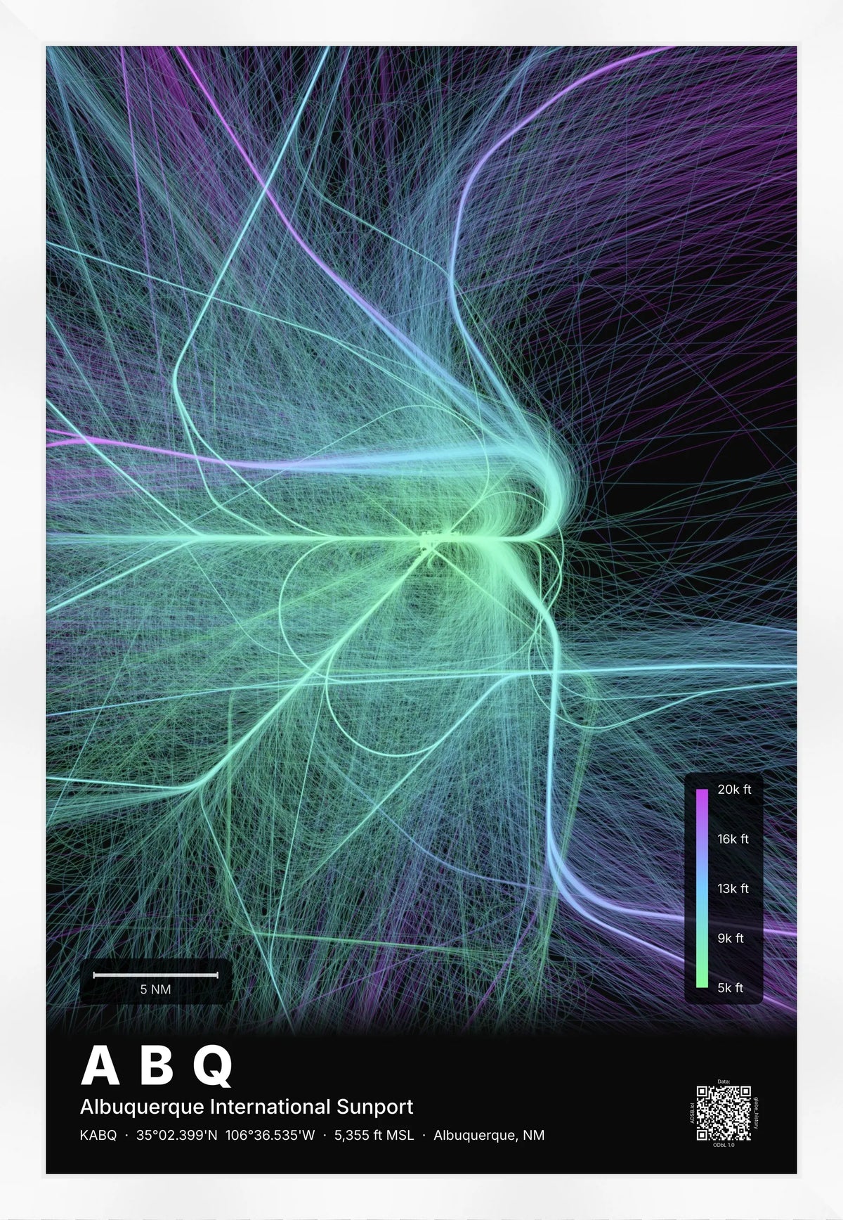 ABQ flight path map — Prism theme · Dark [material:framed_white]