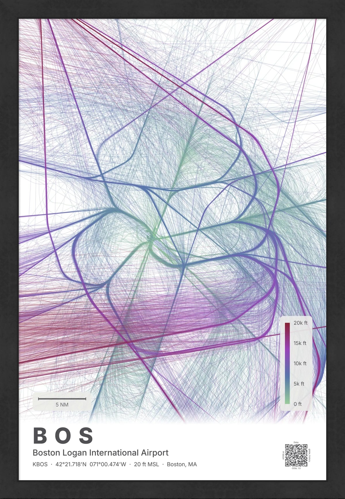BOS flight path print — Prism theme · Light [material:framed_black]
