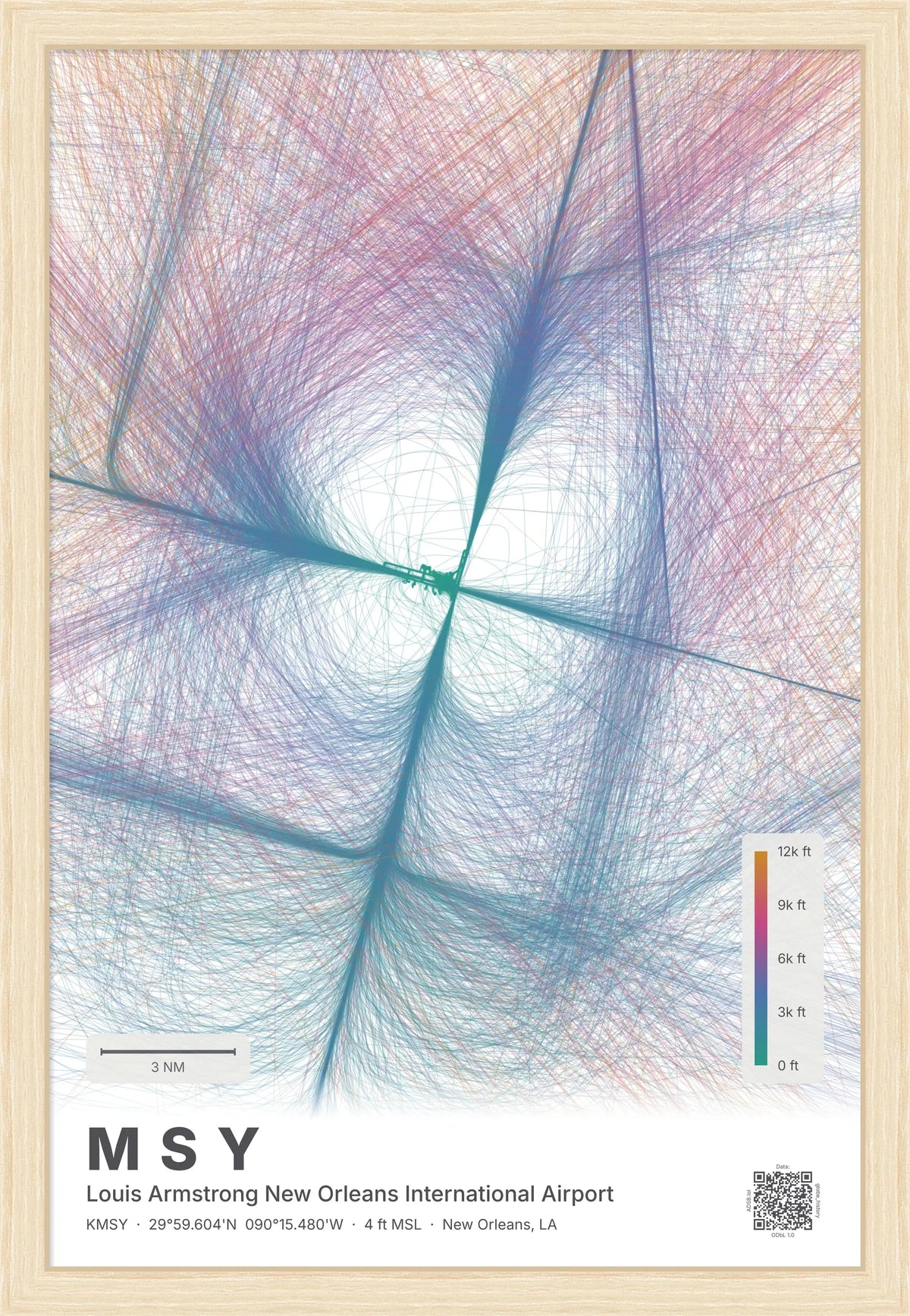 MSY flight path print — Aurora theme · Light [material:framed_natural]