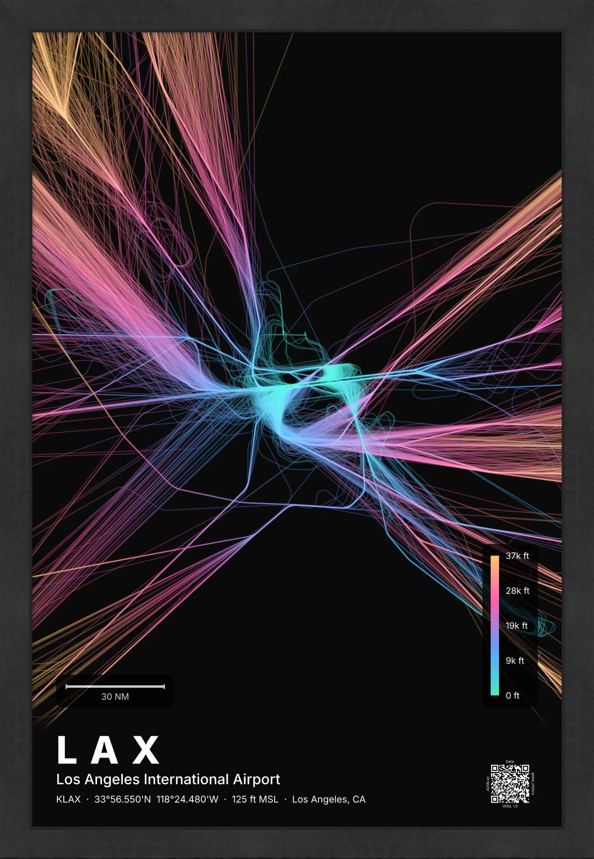 LAX flight path print — Aurora theme · Dark [material:framed_black]