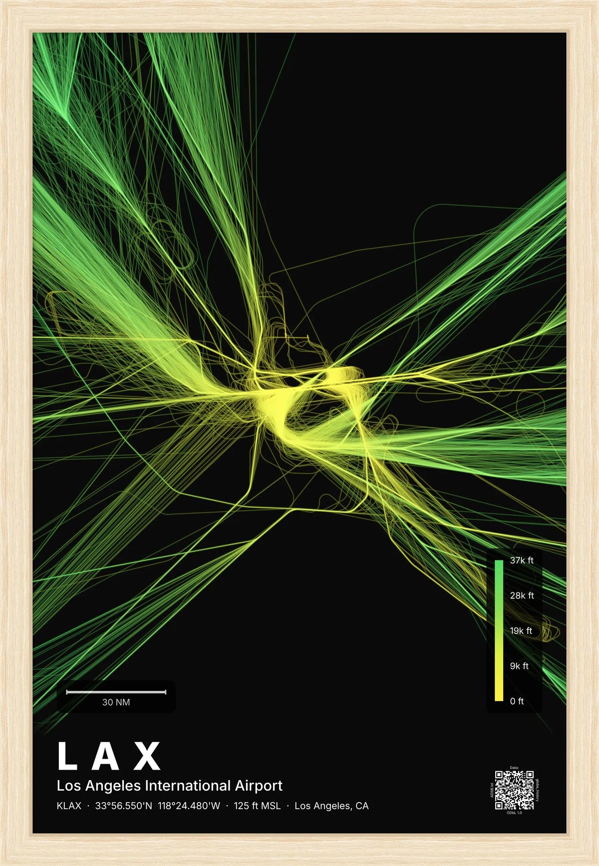 LAX flight path print — Citrus theme · Dark [material:framed_natural]