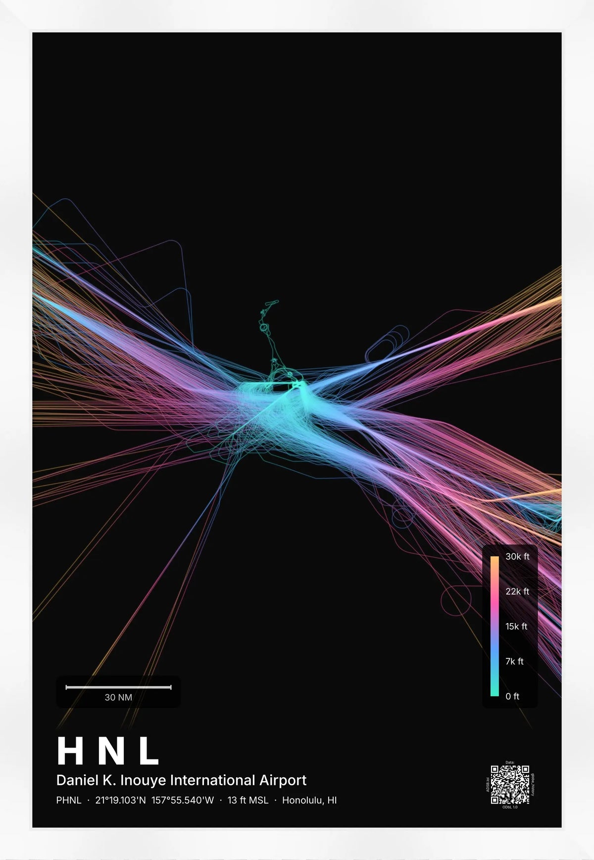 HNL flight path print — Aurora theme · Dark [material:framed_white]