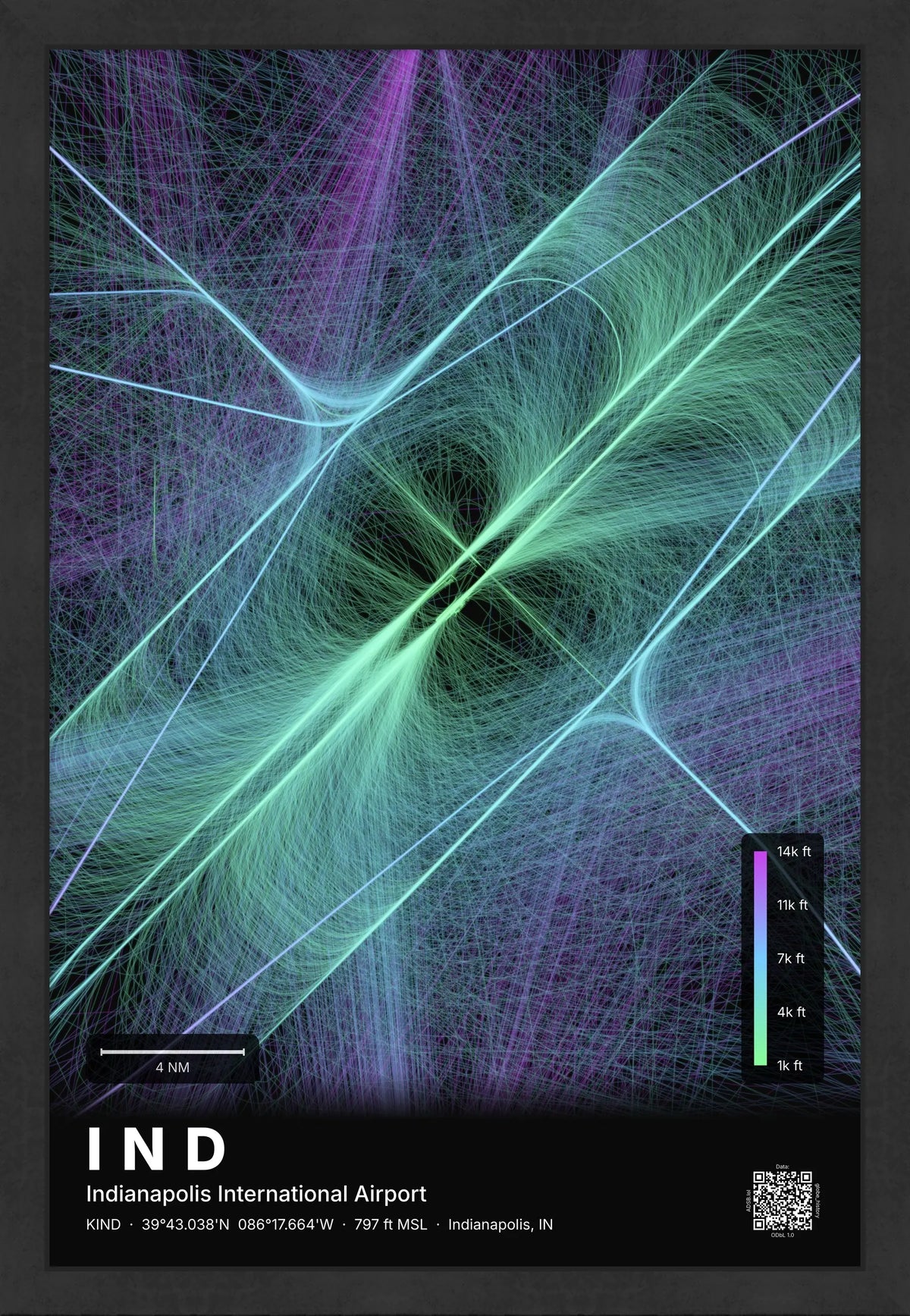 IND flight path print — Prism theme · Dark [material:framed_black]