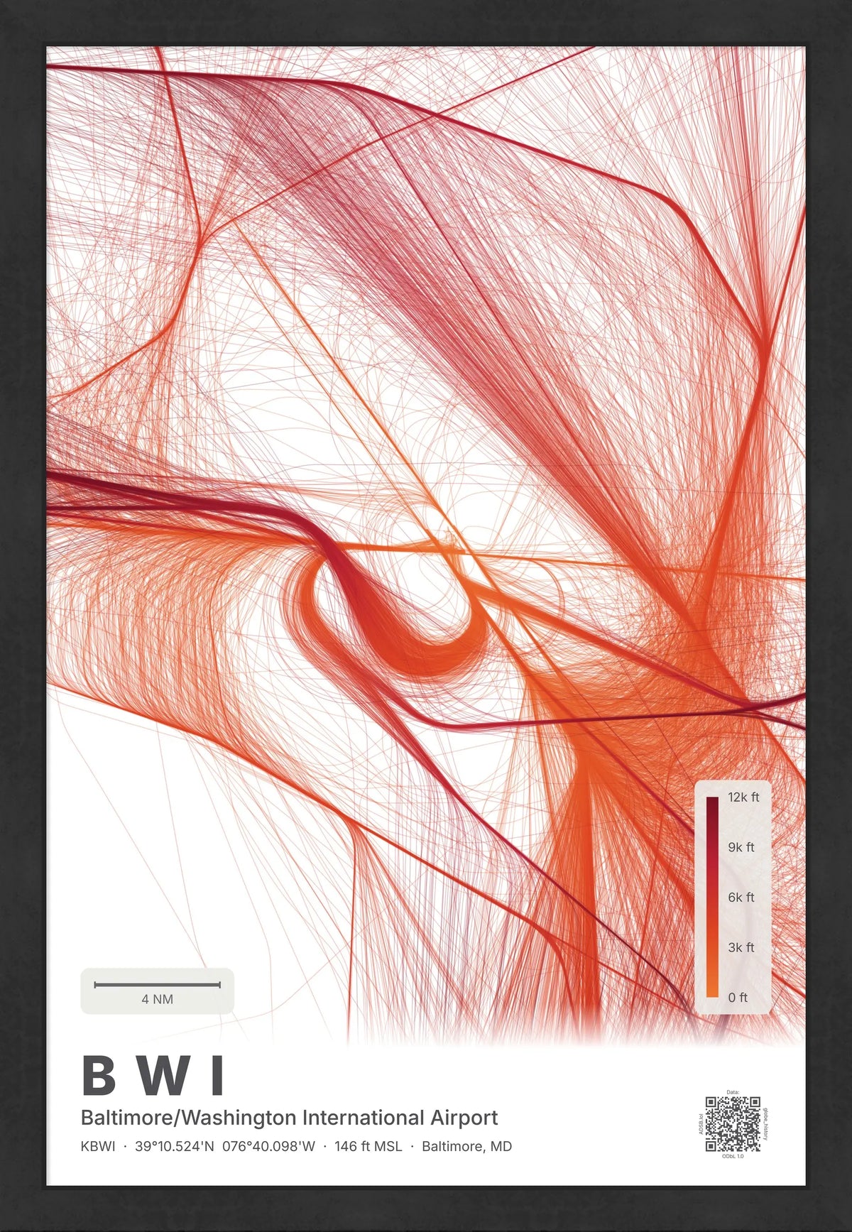 BWI flight path print — Inferno theme · Light [material:framed_black]