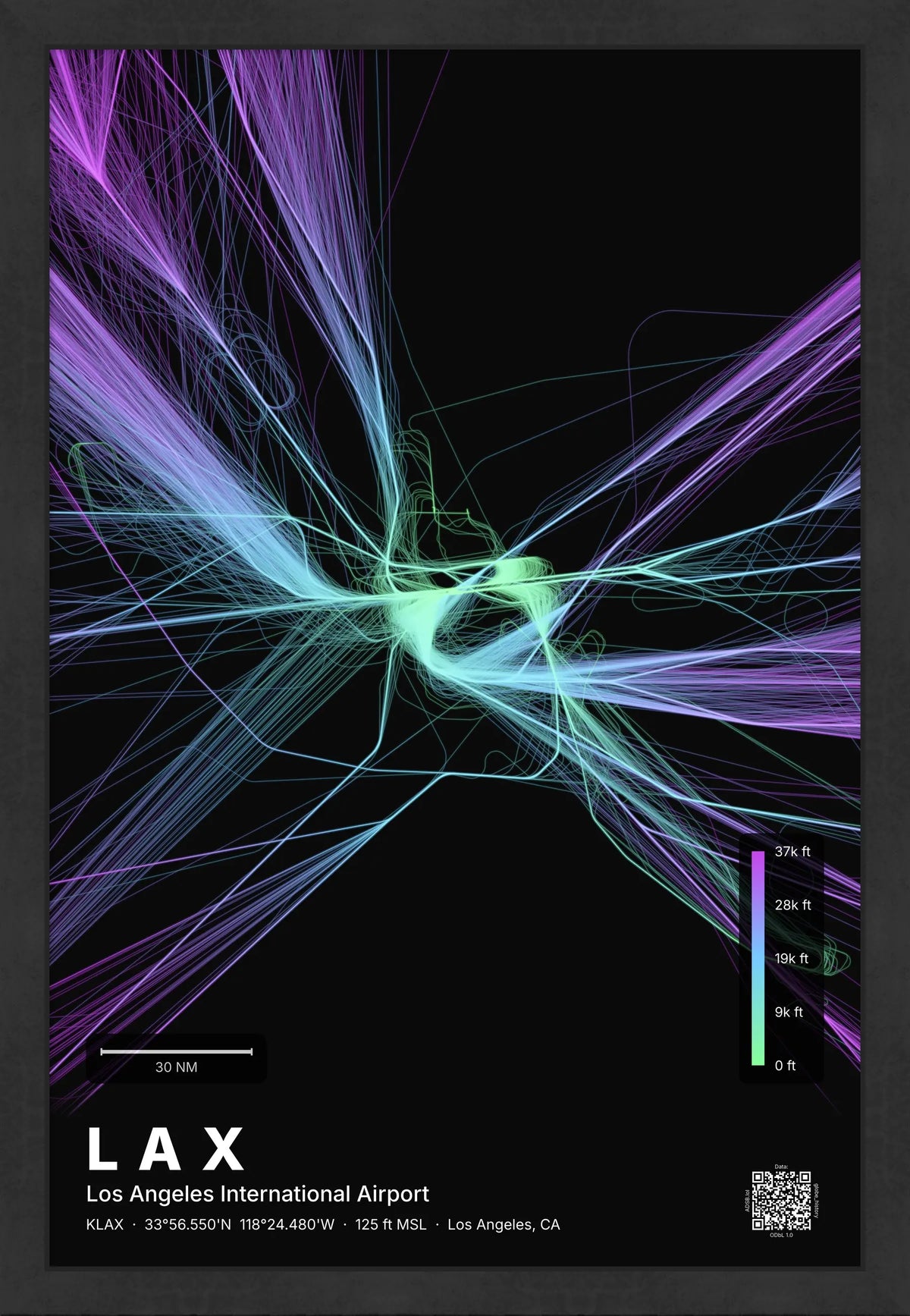 LAX flight path print — Prism theme · Dark [material:framed_black]