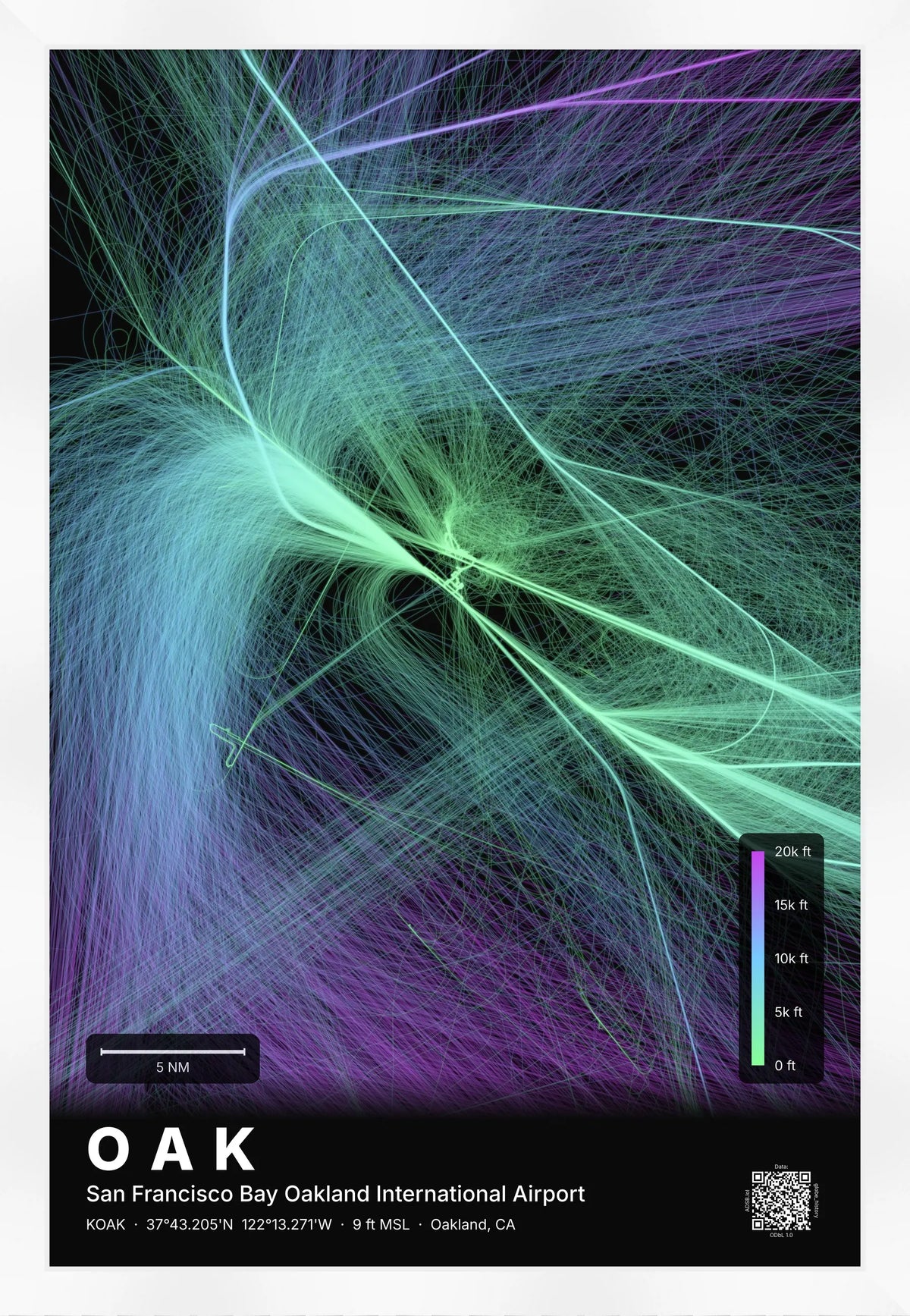 OAK flight path print — Prism theme · Dark [material:framed_white]