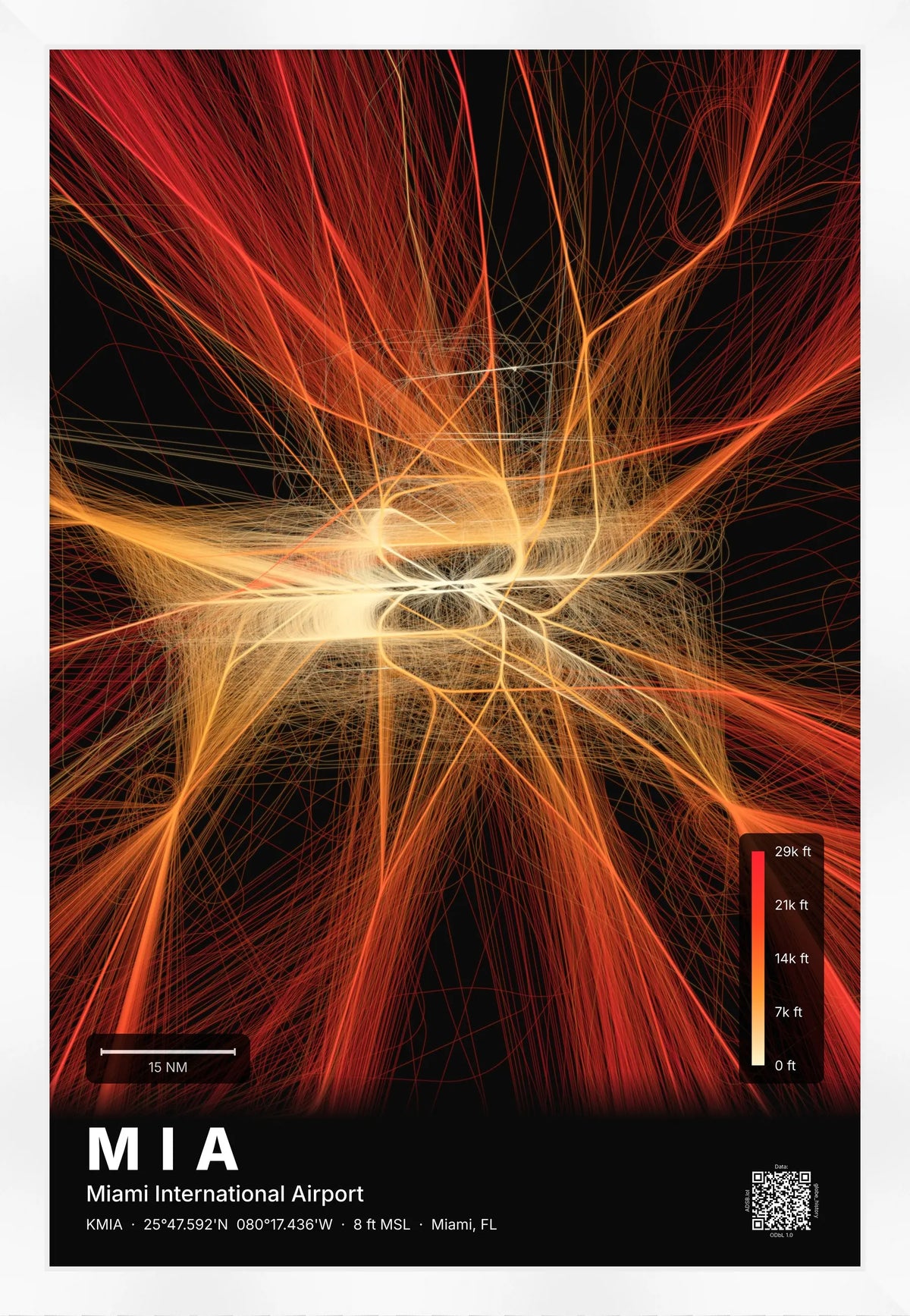 MIA flight path print — Inferno theme · Dark [material:framed_white]