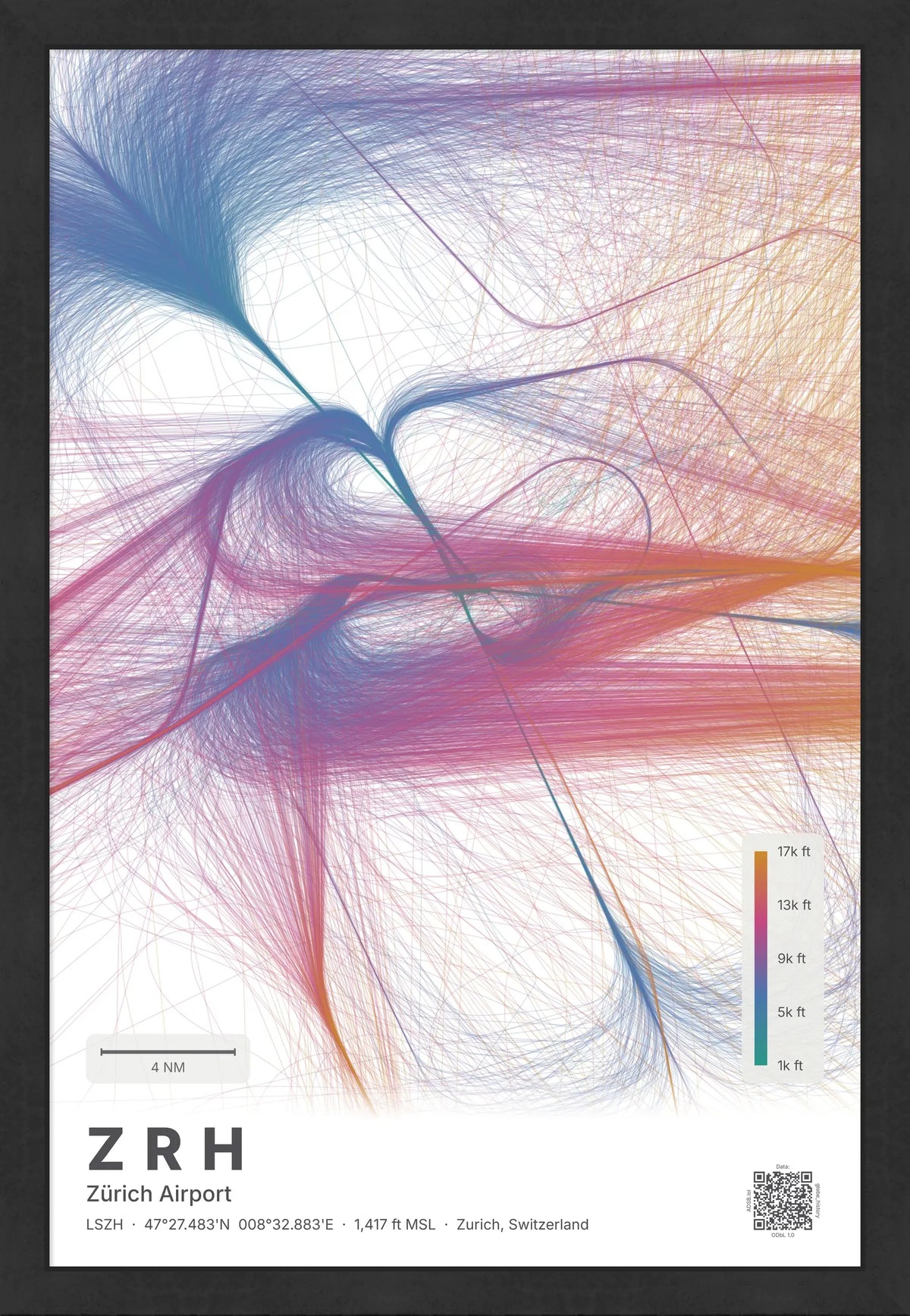 ZRH flight path map — Aurora theme · Light [material:framed_black]