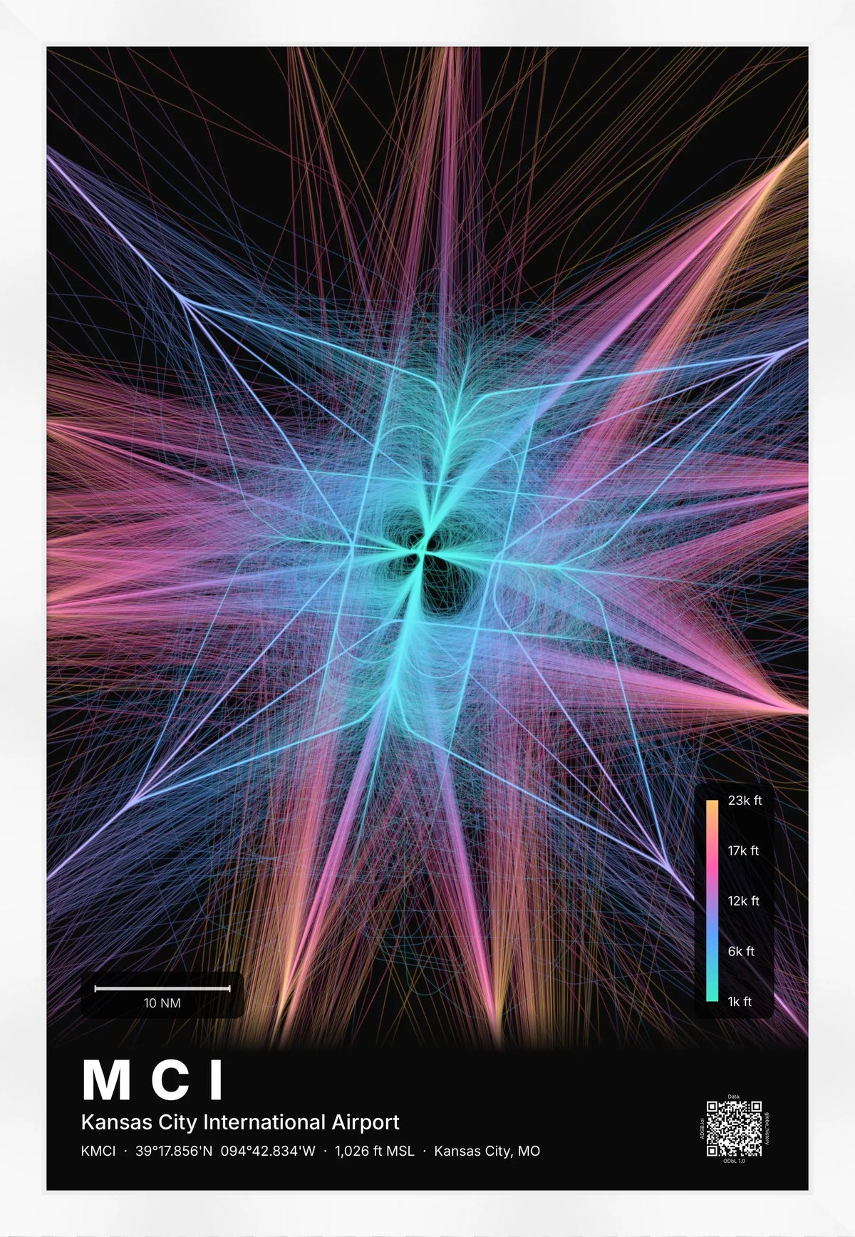 MCI flight path print — Aurora theme · Dark [material:framed_white]