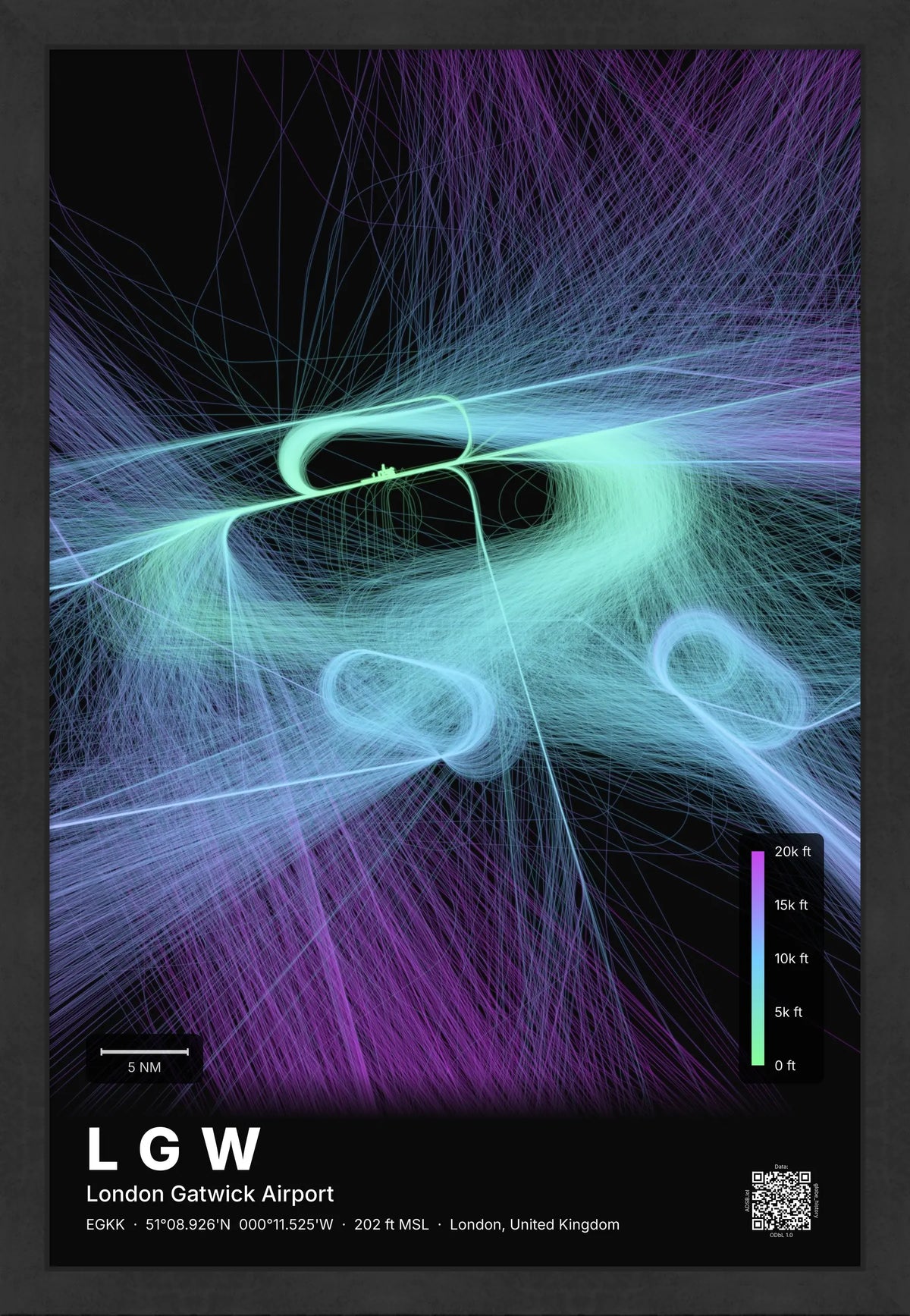 LGW flight path map — Prism theme · Dark [material:framed_black]