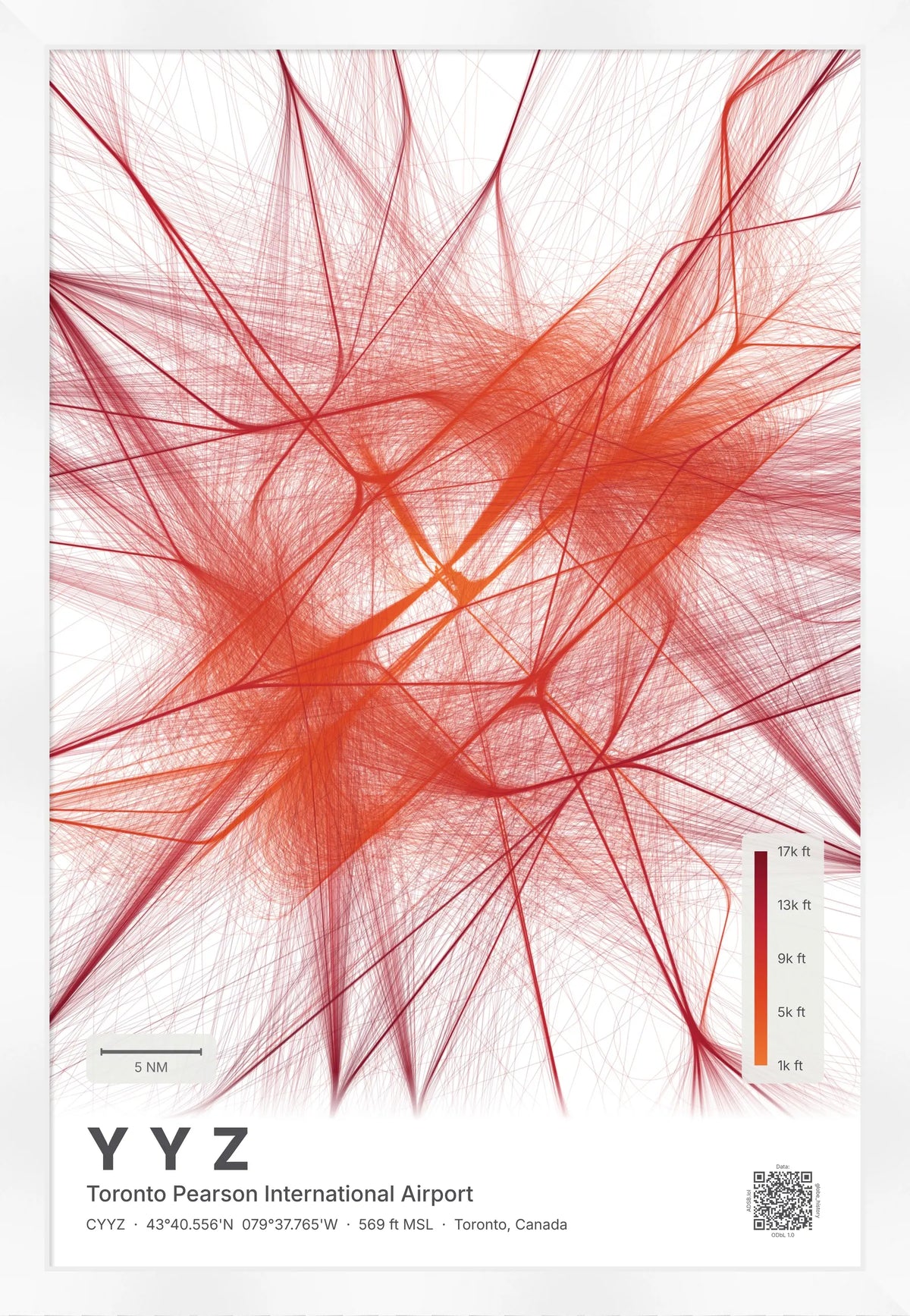 YYZ flight path map — Inferno theme · Light [material:framed_white]