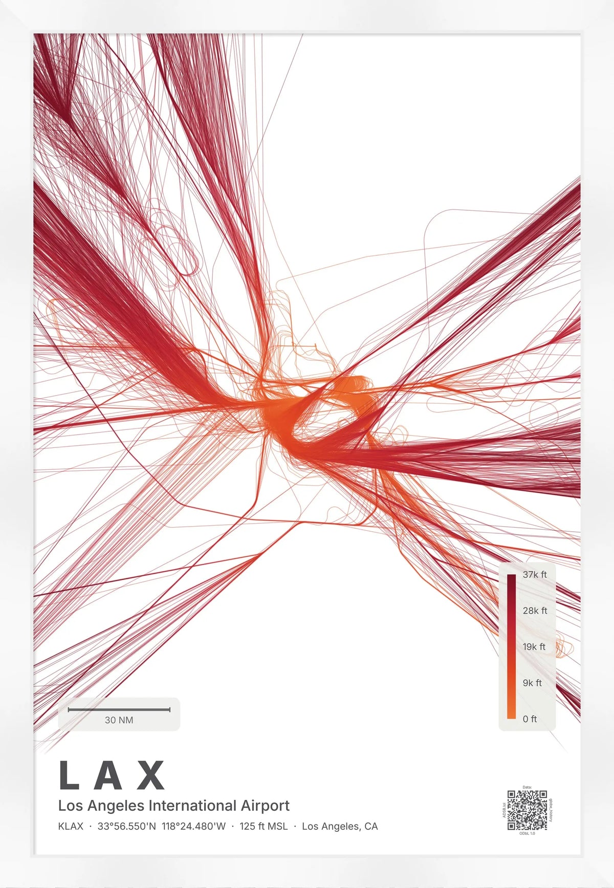 LAX flight path print — Inferno theme · Light [material:framed_white]