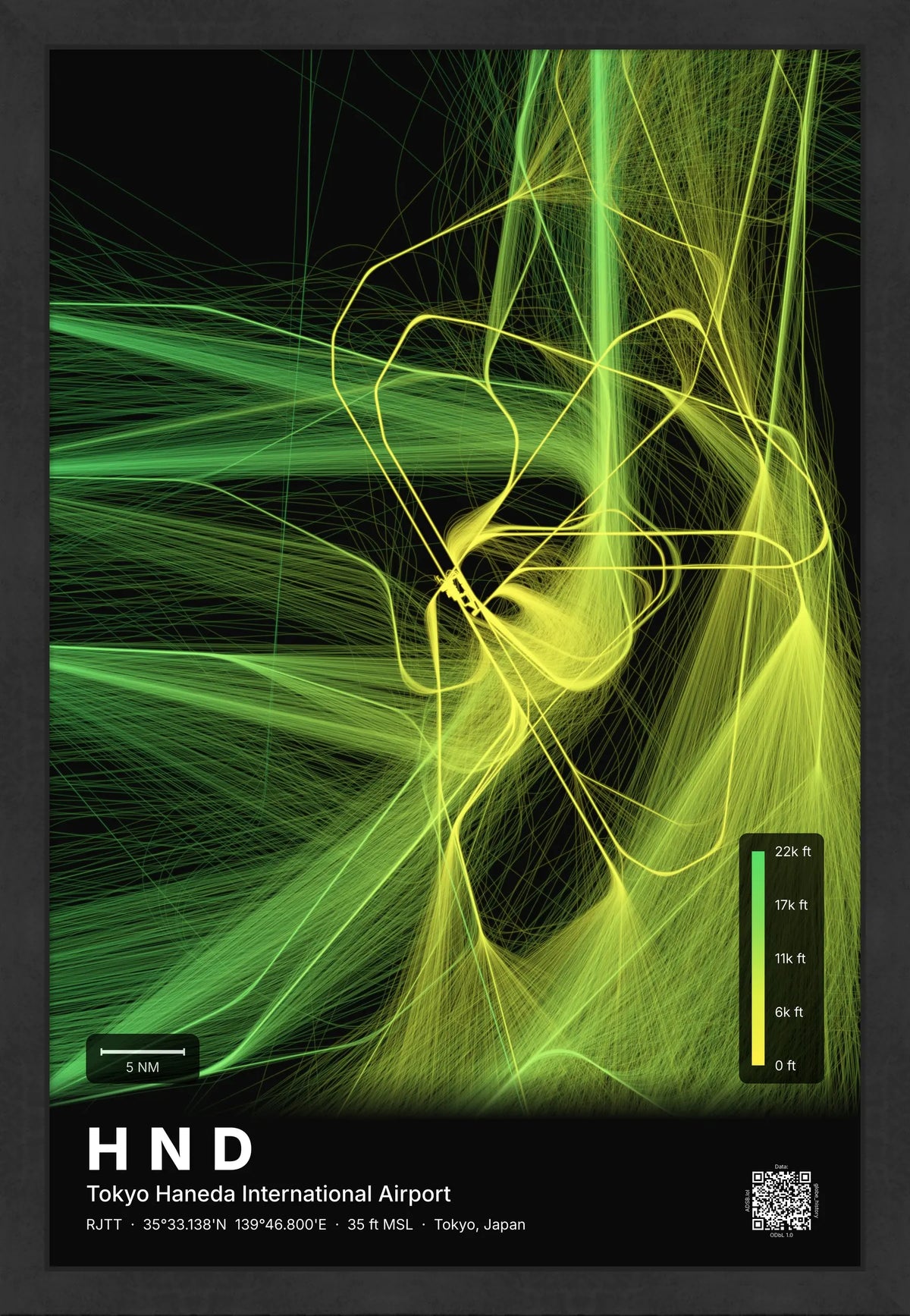 HND flight path map — Citrus theme · Dark [material:framed_black]