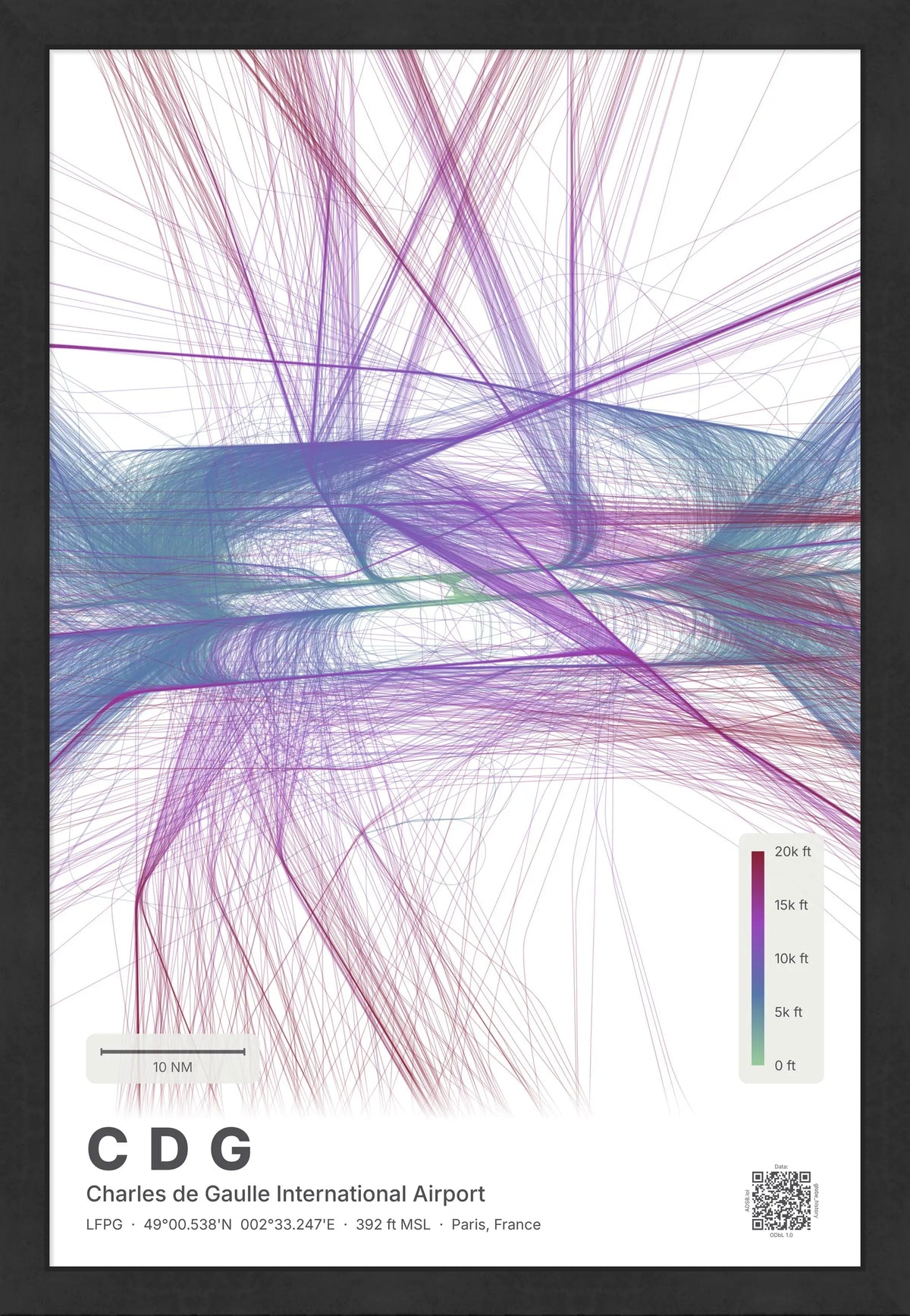CDG flight path map — Prism theme · Light [material:framed_black]