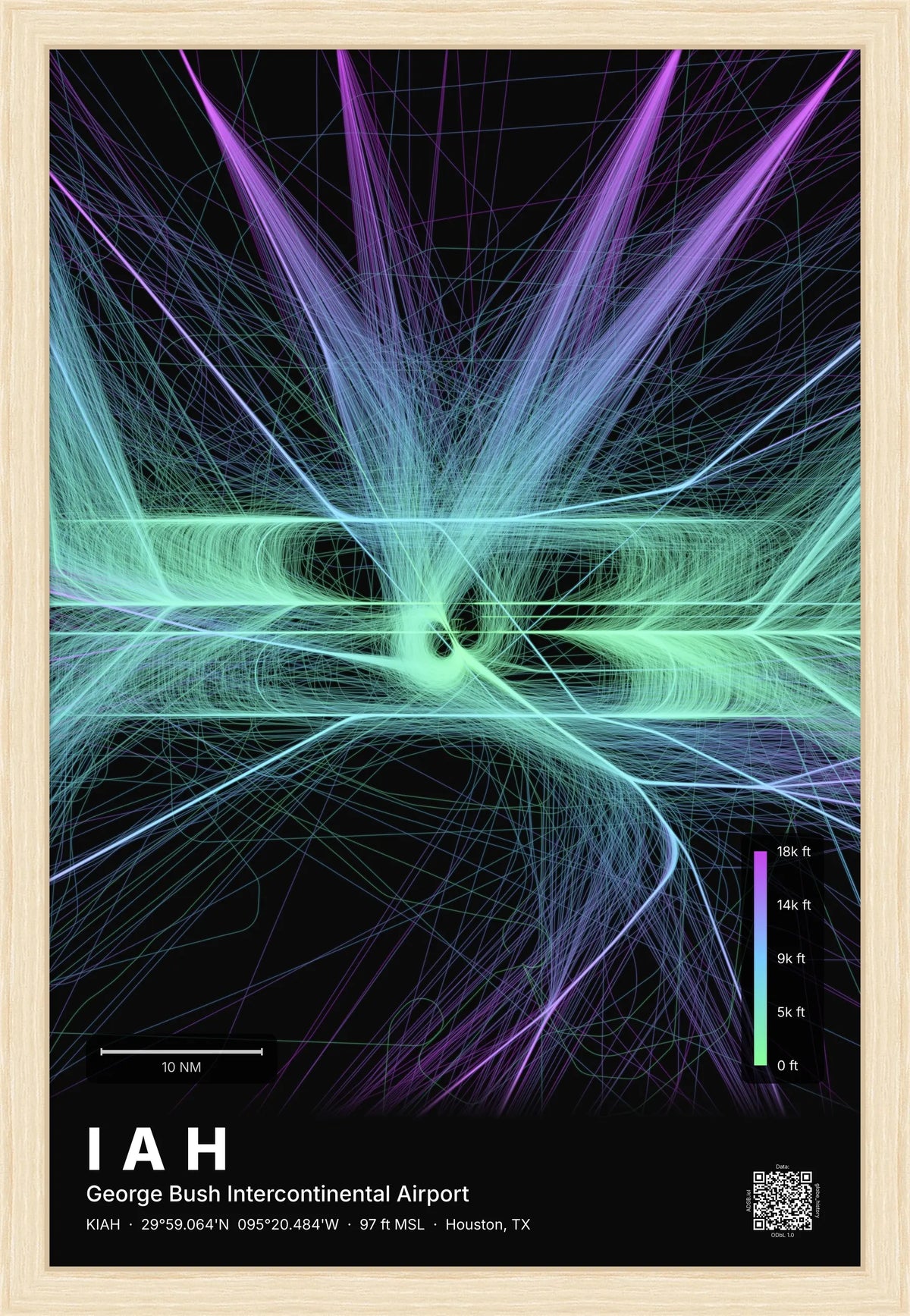 IAH flight path print — Prism theme · Dark [material:framed_natural]
