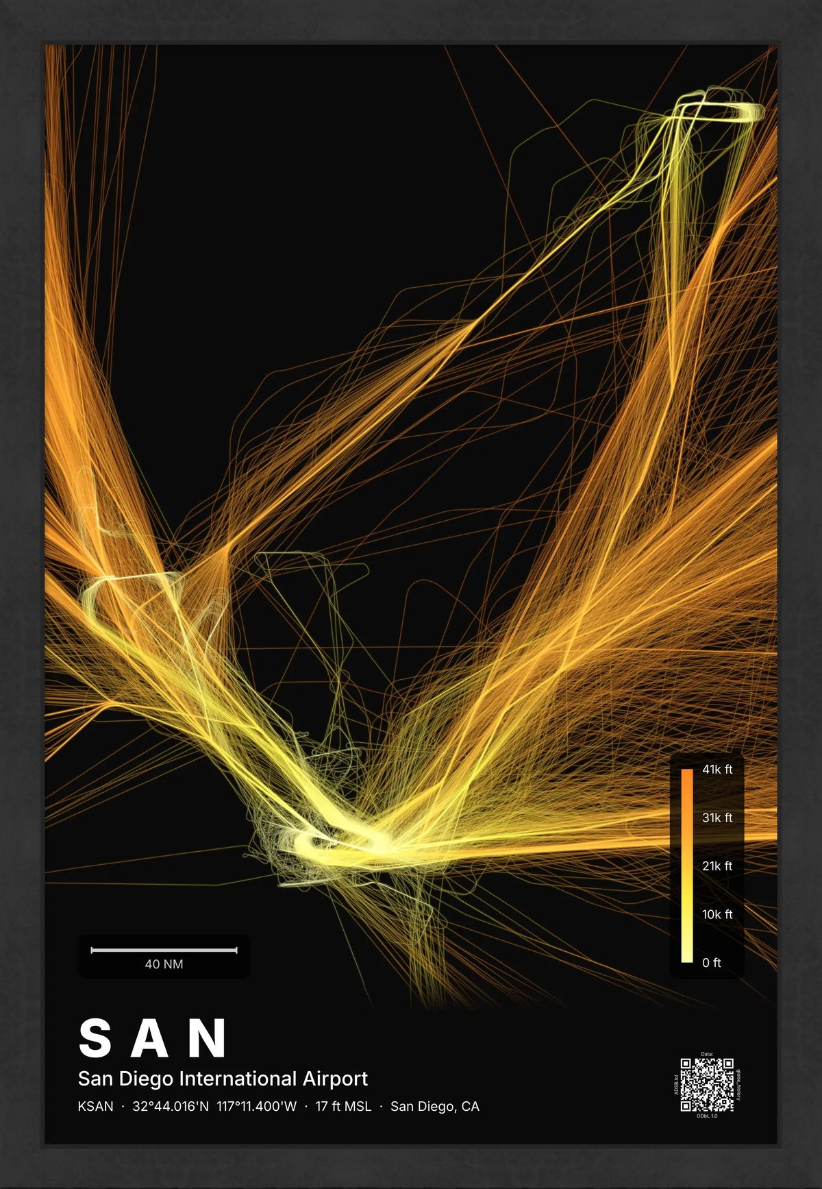 SAN flight path print — Solana theme · Dark [material:framed_black]