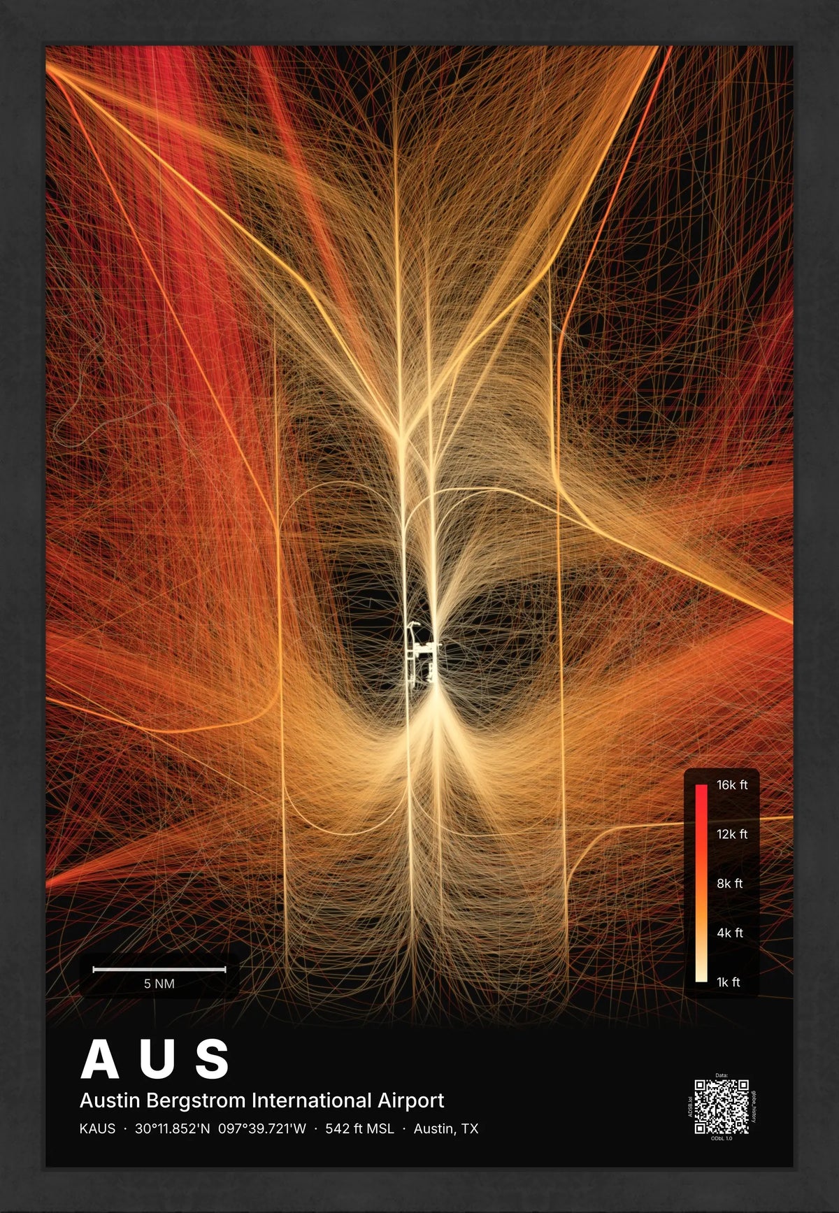 AUS flight path print — Inferno theme · Dark [material:framed_black]