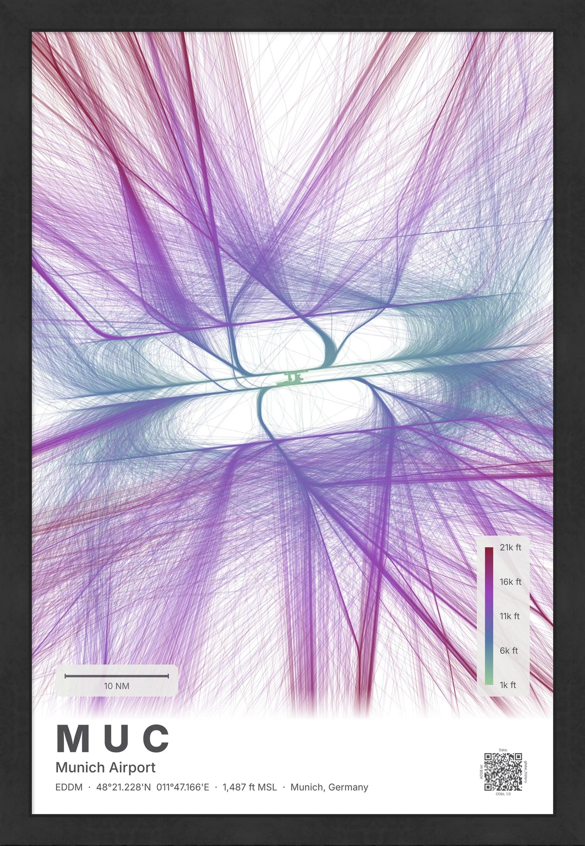 MUC flight path map — Prism theme · Light [material:framed_black]