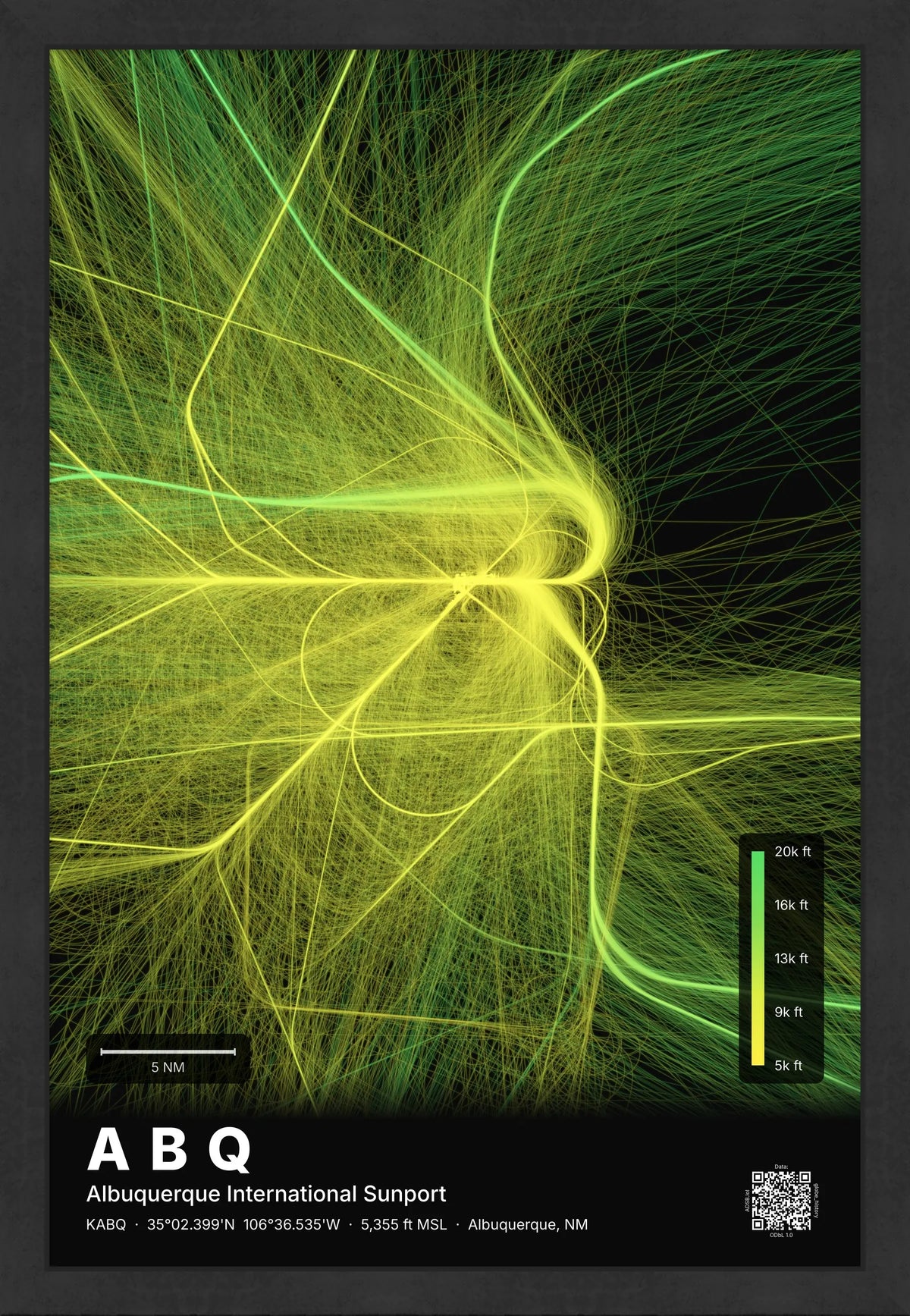 ABQ flight path map — Citrus theme · Dark [material:framed_black]