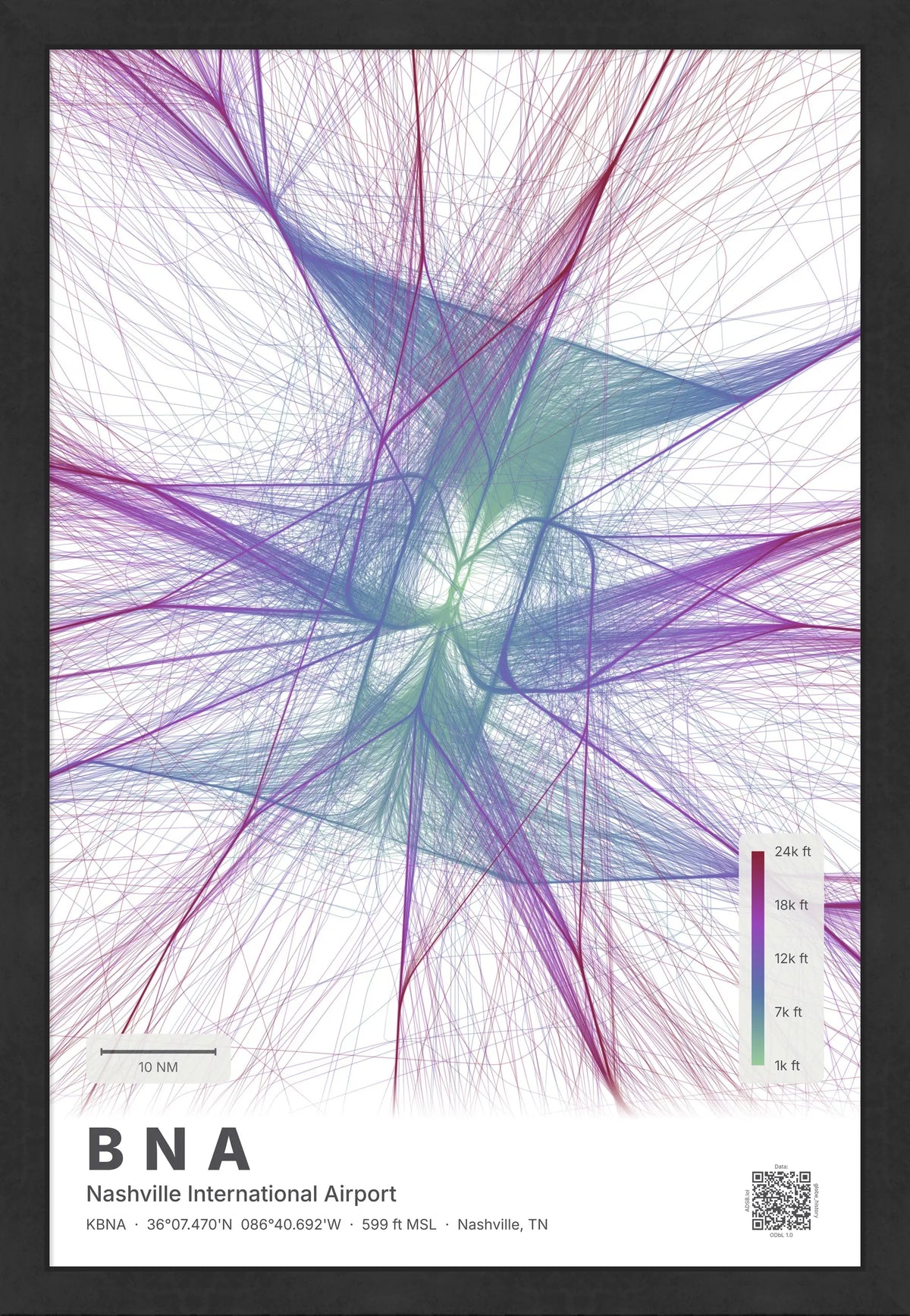 BNA flight path print — Prism theme · Light [material:framed_black]