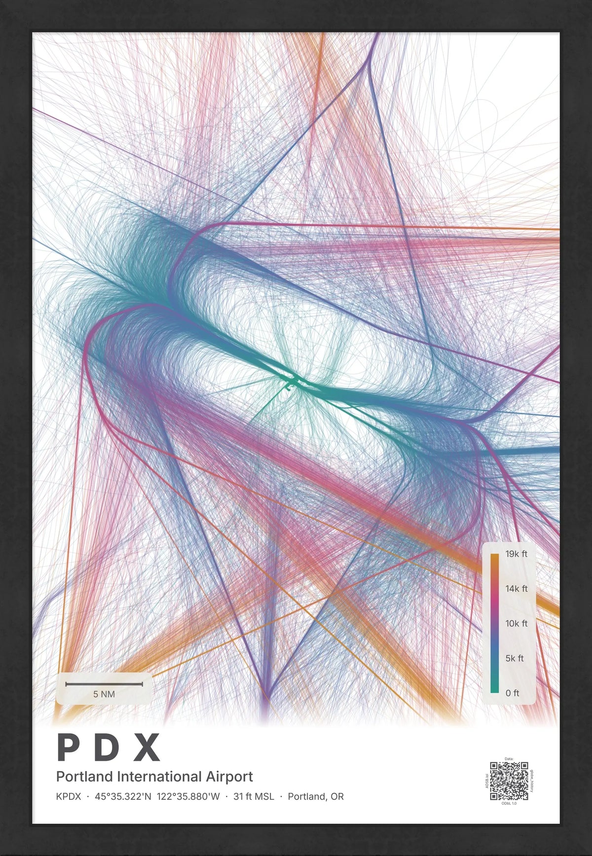 PDX flight path print — Aurora theme · Light [material:framed_black]