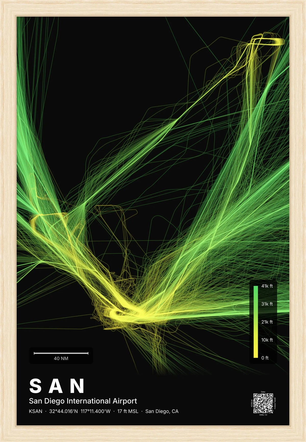 SAN flight path print — Citrus theme · Dark [material:framed_natural]