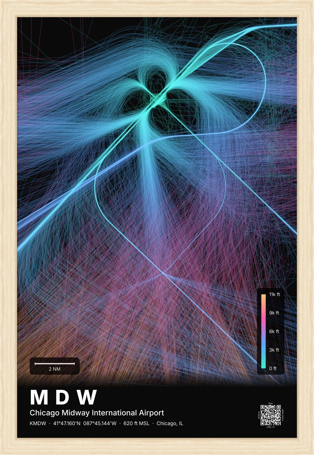 MDW flight path print — Aurora theme · Dark [material:framed_natural]