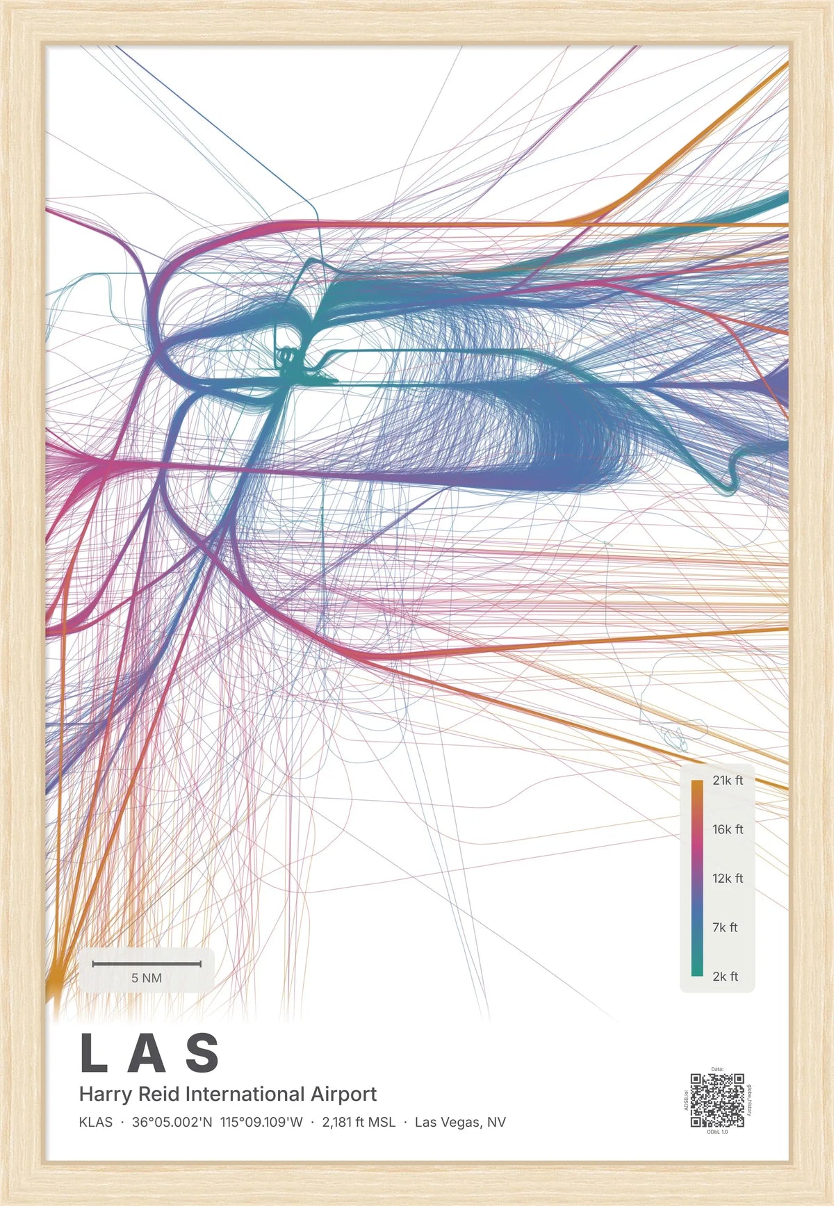 LAS flight path print — Aurora theme · Light [material:framed_natural]