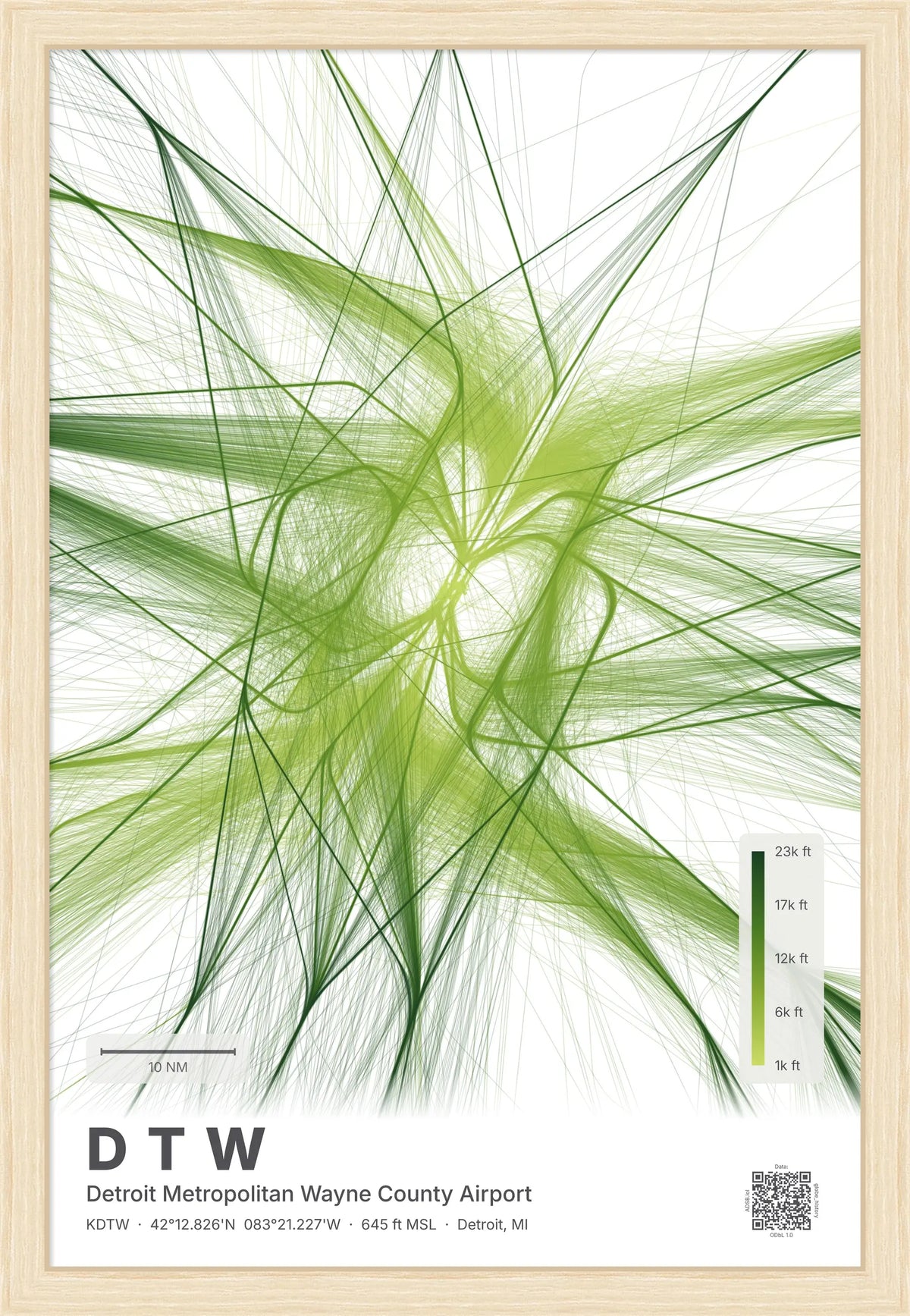 DTW flight path map — Citrus theme · Light [material:framed_natural]