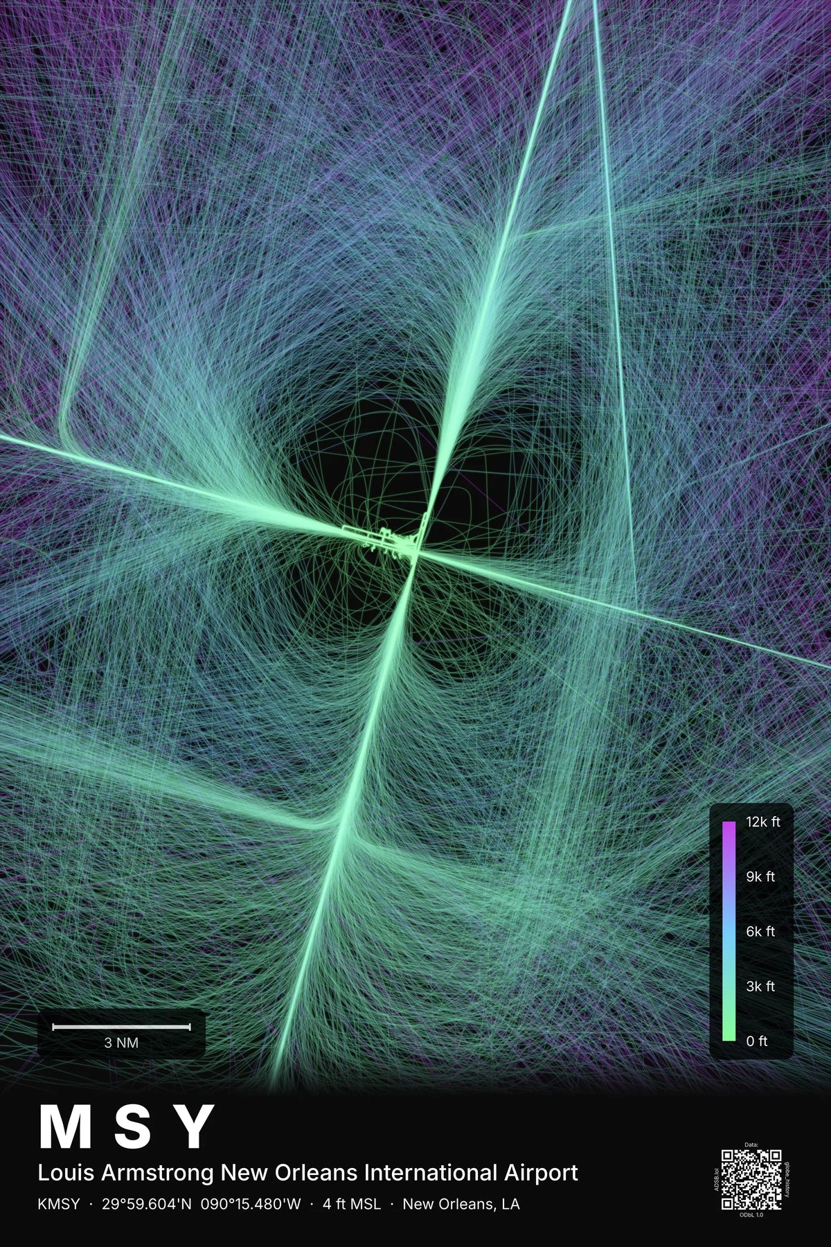 MSY flight path print — Prism theme · Dark