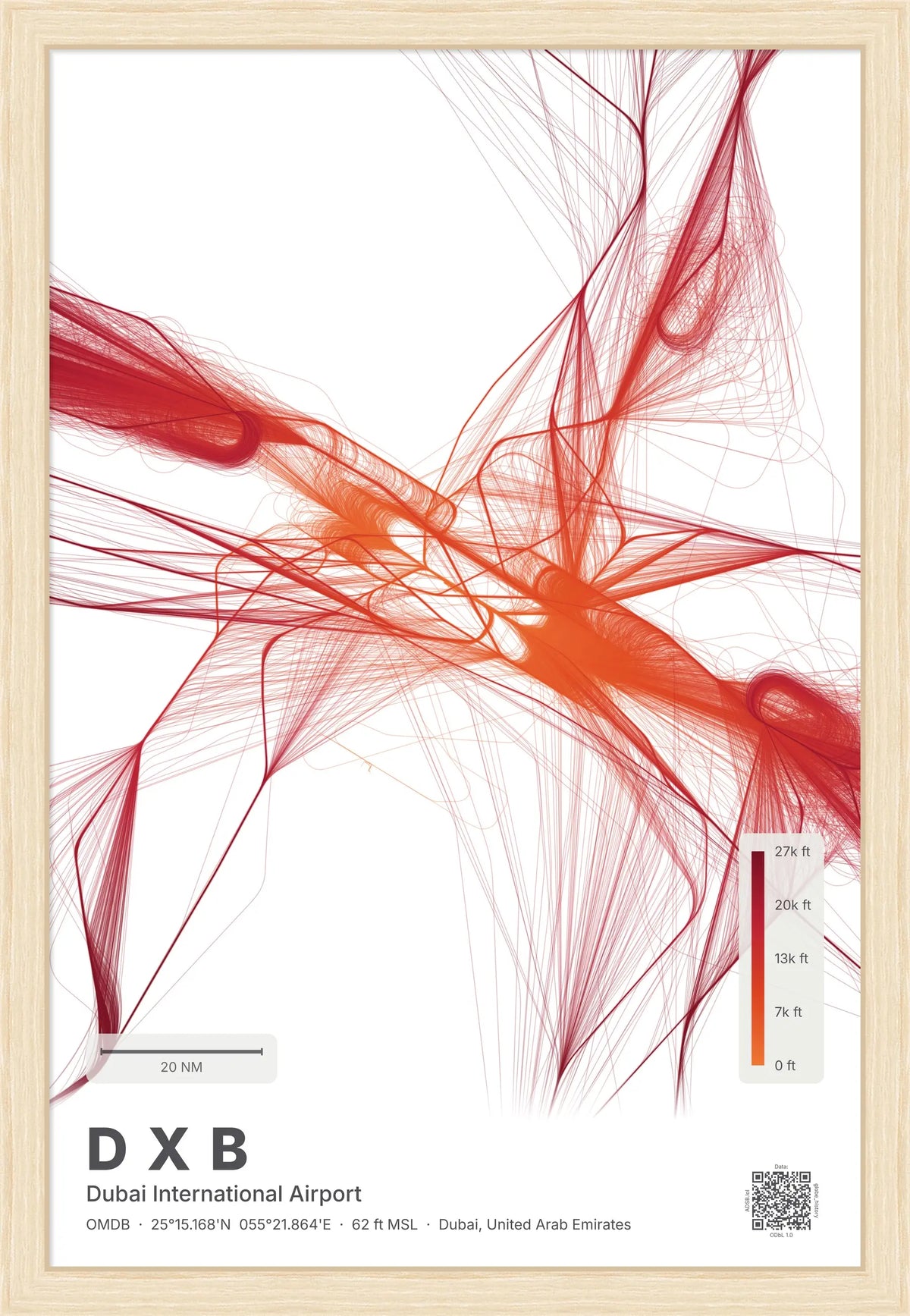 DXB flight path print — Inferno theme · Light [material:framed_natural]