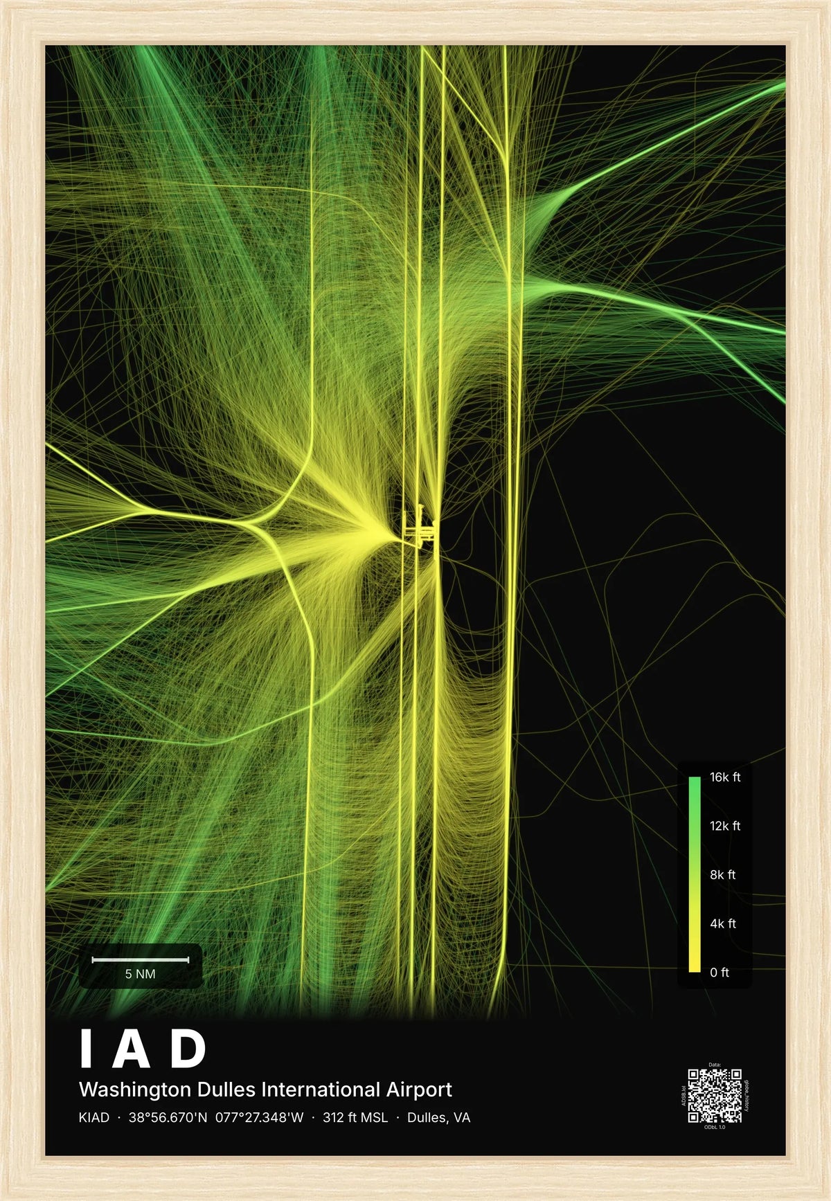 IAD flight path print — Citrus theme · Dark [material:framed_natural]