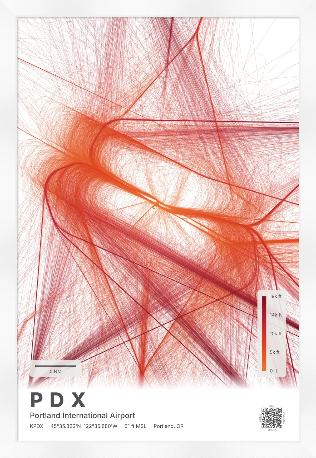 PDX flight path print — Inferno theme · Light [material:framed_white]